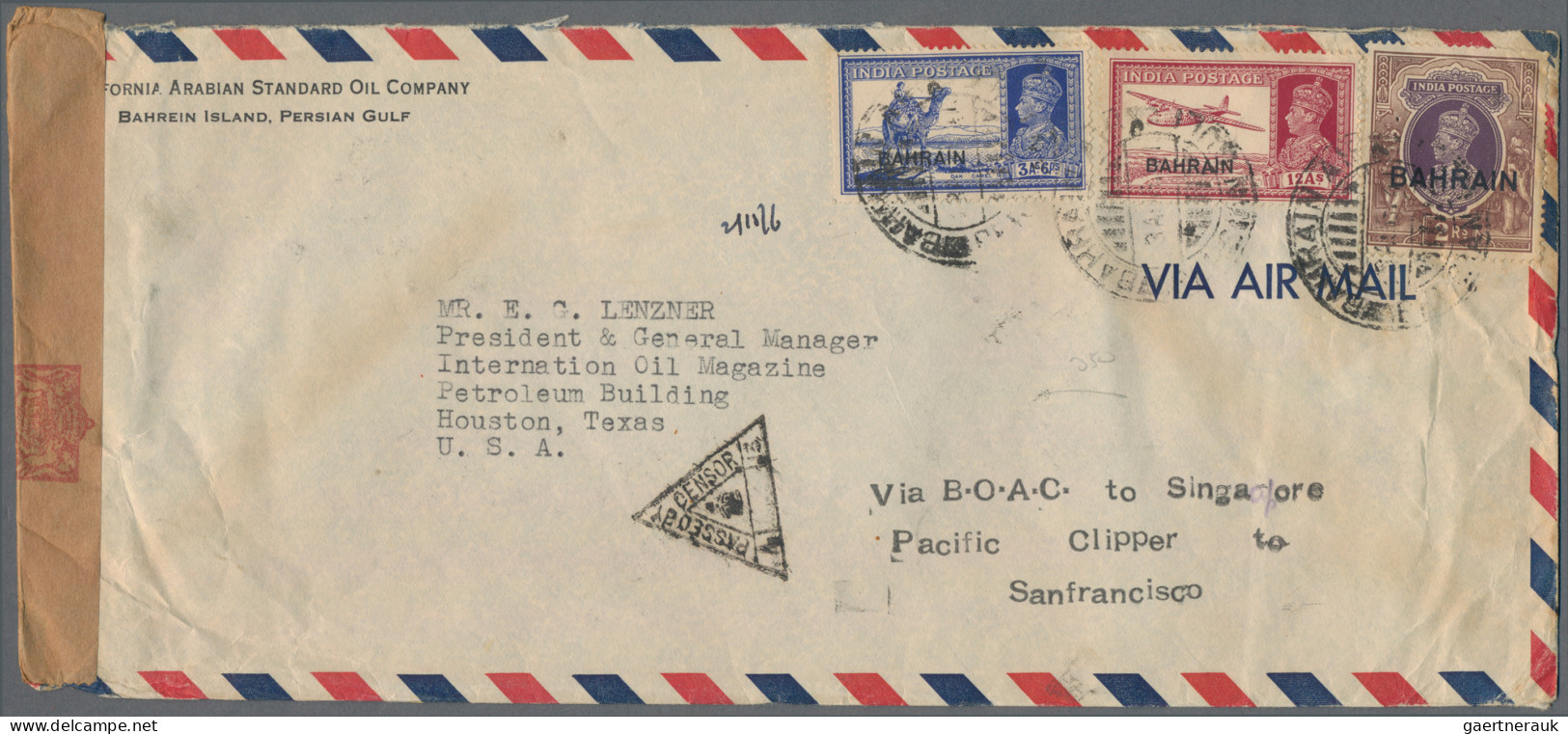 Bahrain: 1941 Censored Airmail Envelope Used From Bahrain To Houston, Texas, U.S - Bahrain (1965-...)