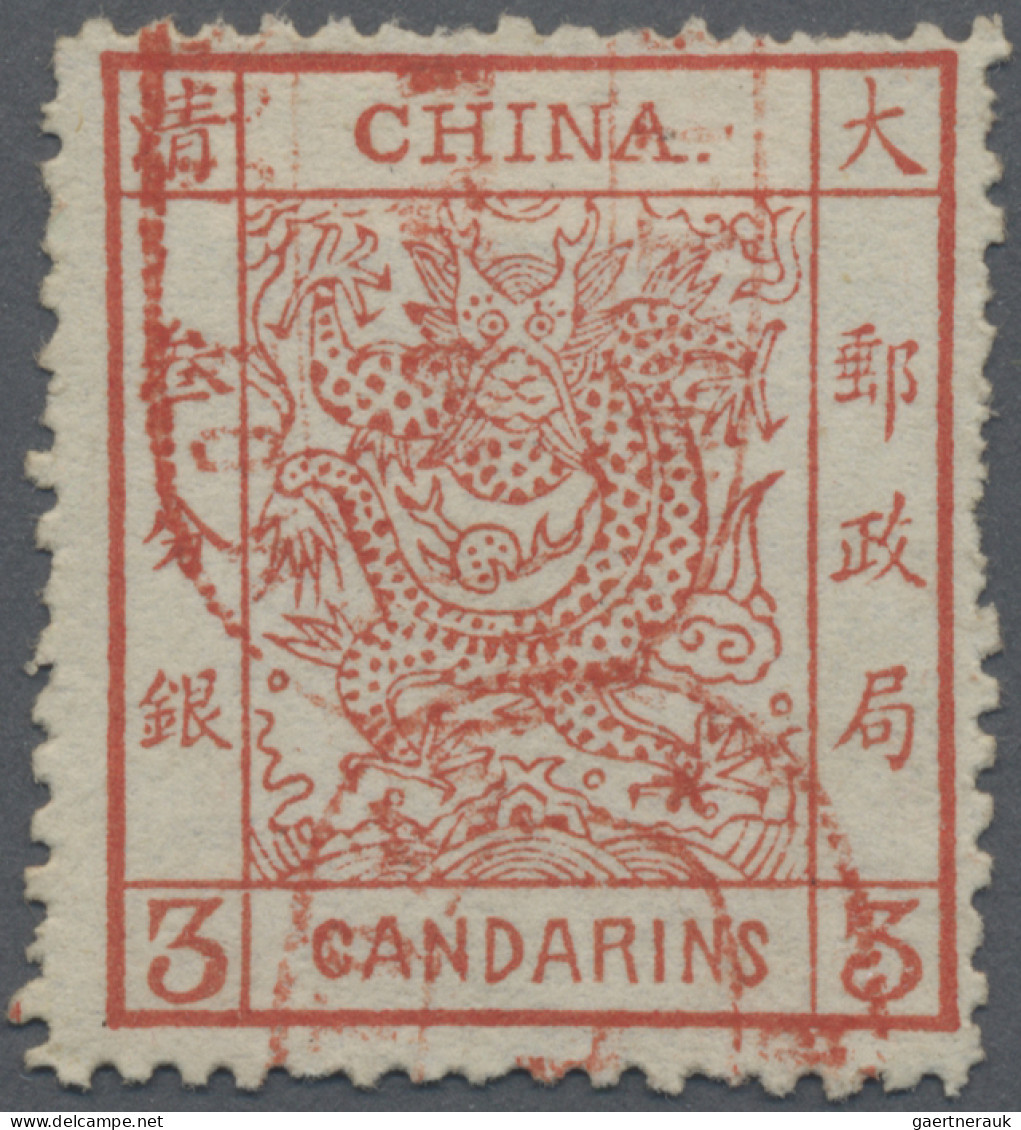 China: 1878, Large Dragon Thin Paper 3 C. Carmine Cancelled Two Strikes Of Red O - Andere & Zonder Classificatie