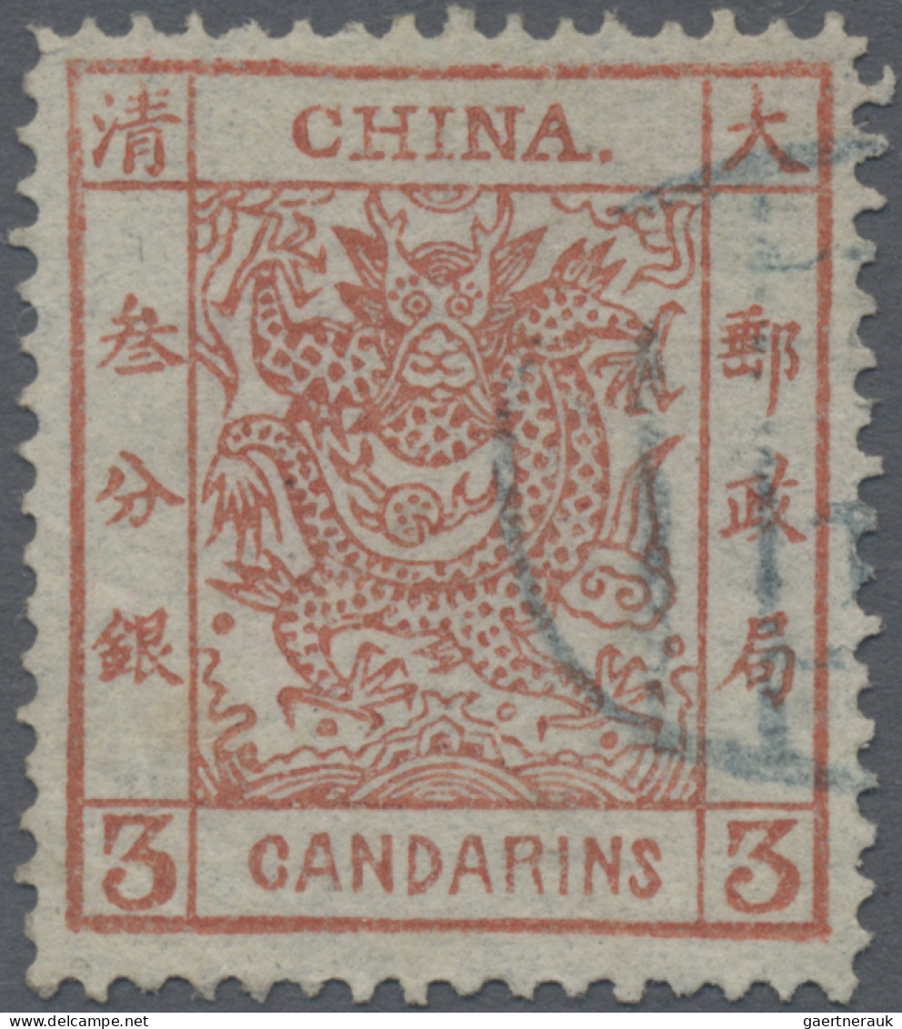 China: 1882, Large Dragon Thicker Paper 3 Ca. Red Canc. Blue Seal Postmark (Mich - 1912-1949 Republiek