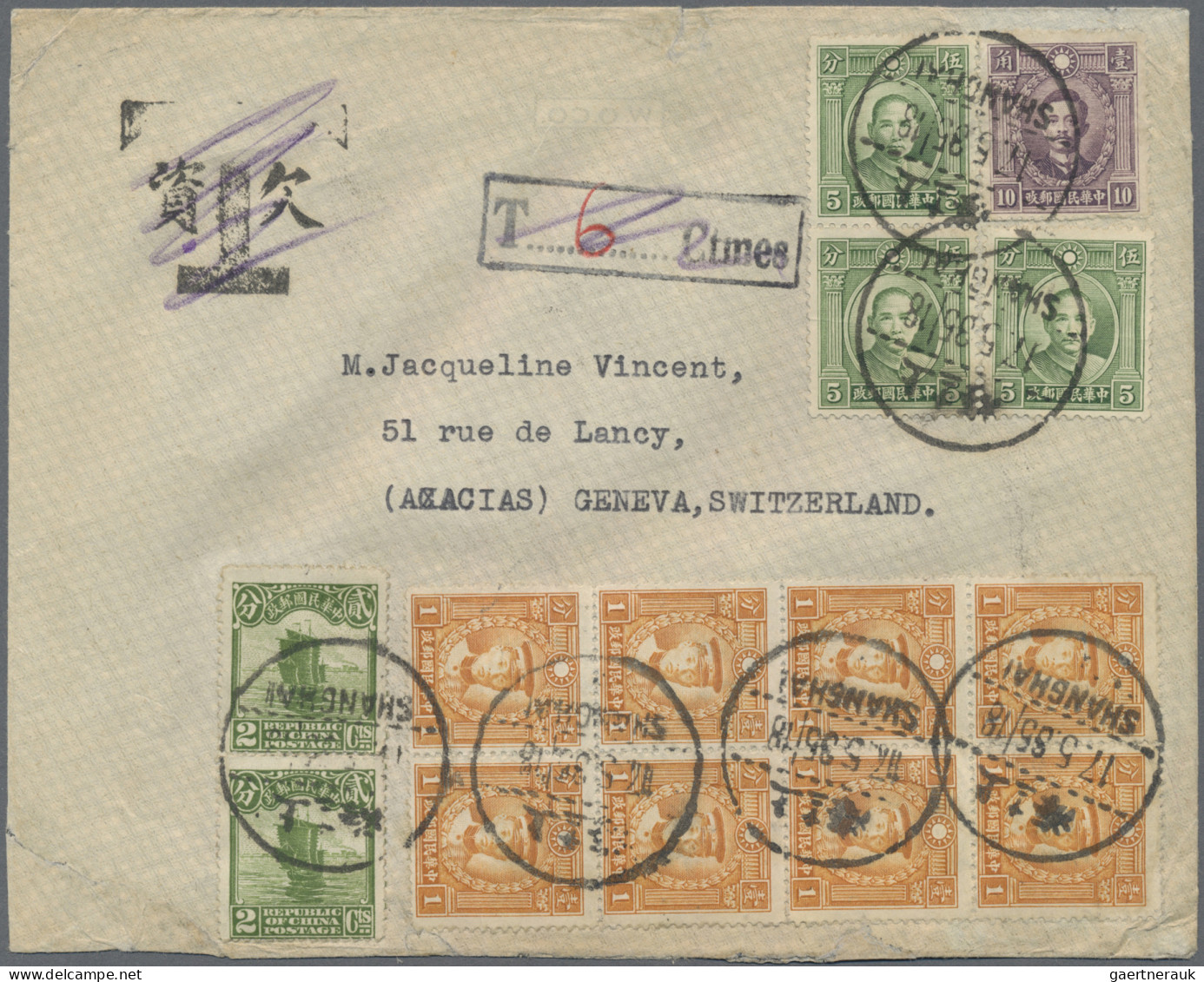 China: 1935, Attractive Franking On Cover From "SHANGHAI 17.5.1935" To Geneve/Sw - Cartas & Documentos
