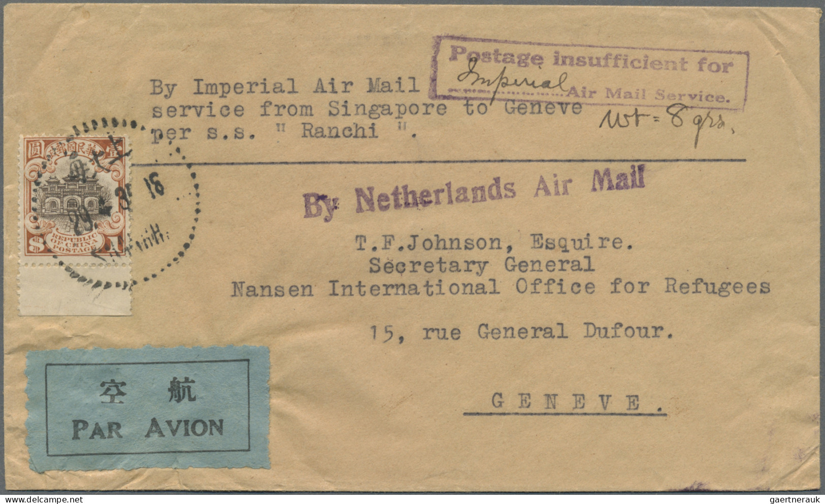 China: 1935, Hall Of Classics $1, Bottom Margin Copy Tied "SHANGHAI 29.4.35" To - Storia Postale