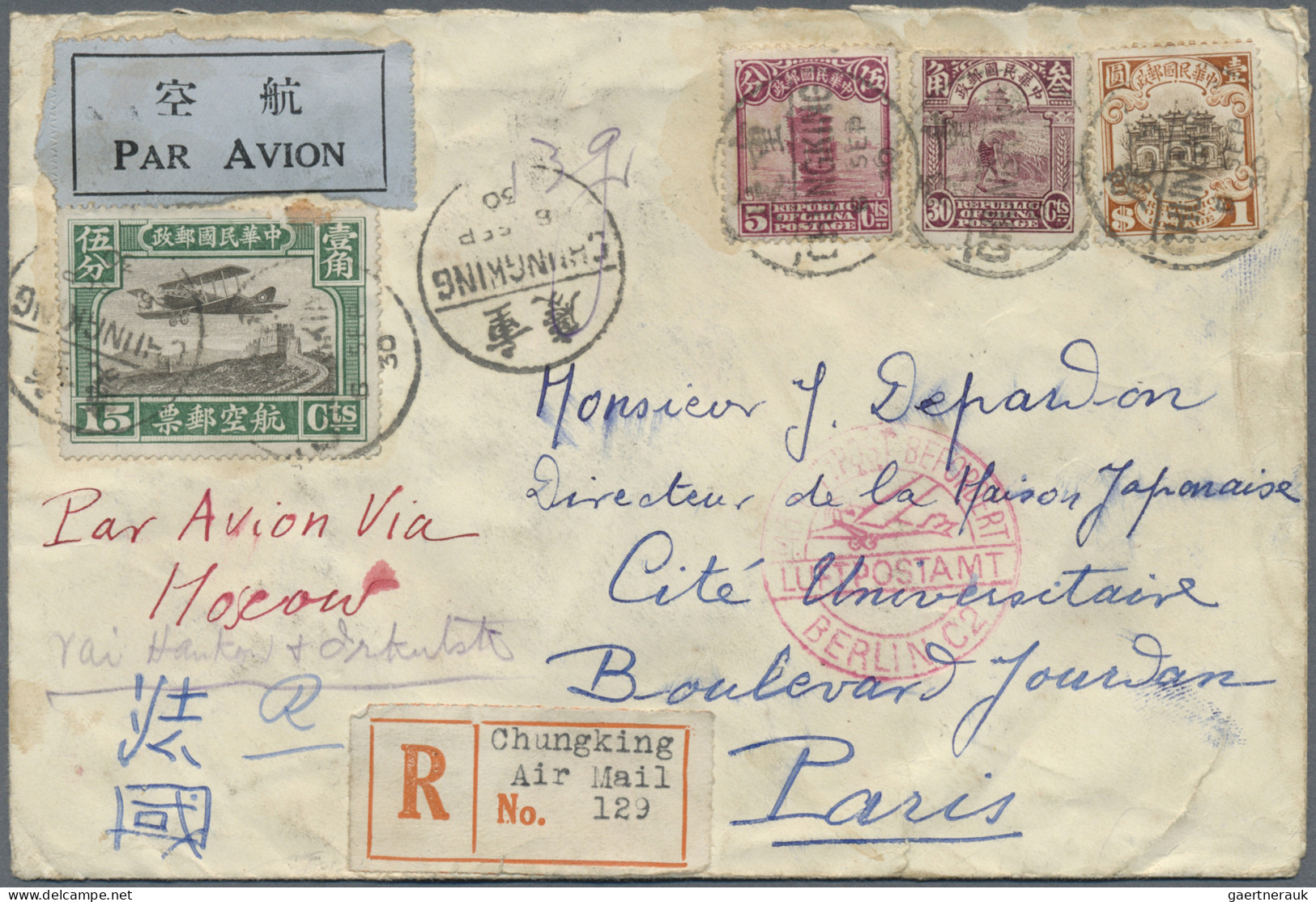 China: 1929, Airmail 30 C. W. Hall Of Classics $1 Etc. As $1.40 Franking Tied Bi - Brieven En Documenten