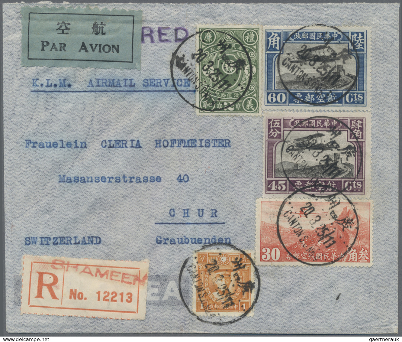 China: 1936, Attractive Franking On Registered K.L.M. Airmail Cover From "CANTON - Lettres & Documents