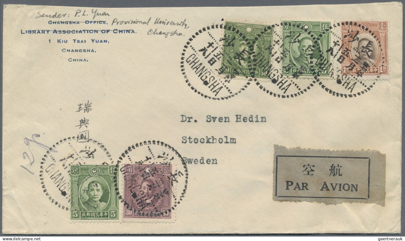 China: 1938, $1.90 Franking Tied "CHANGSHA 37.2.5" To Air Mail Cover Endorsed "1 - Briefe U. Dokumente