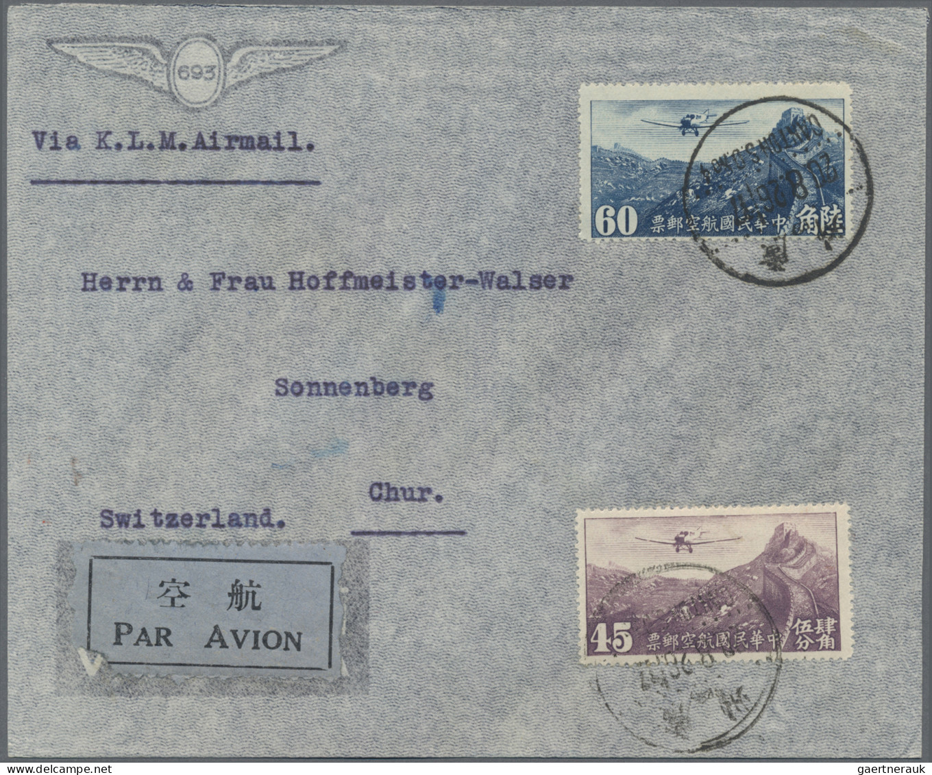 China: 1937/1938, Two Airmail Covers From Canton To Chur/Switzerland: 20.8.1937 - Brieven En Documenten