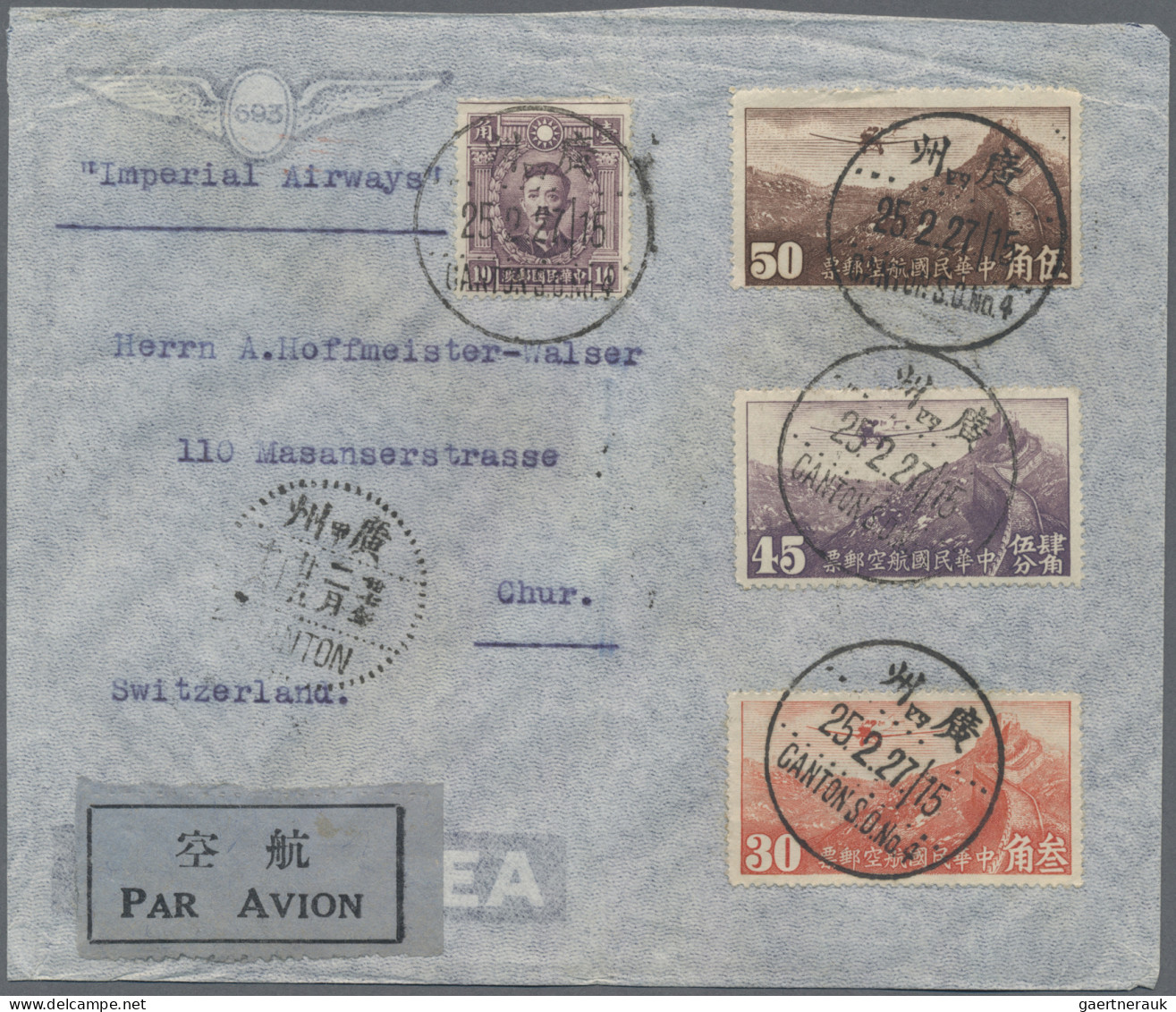 China: 1937/1938, Two Airmail Covers From Canton To Chur/Switzerland: 20.8.1937 - Cartas & Documentos