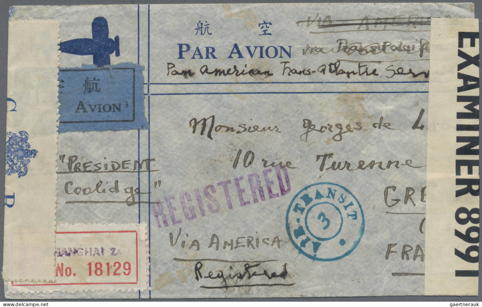 China: 1941. Registered Air Mail Envelope Addressed To France Bearing China SG 4 - Lettres & Documents