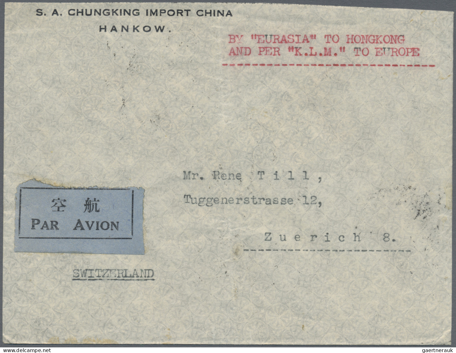China: 1938/39, Two Air Mail Covers To Zurich/Switzerland: $1.75 Frank Tied "HAN - Briefe U. Dokumente