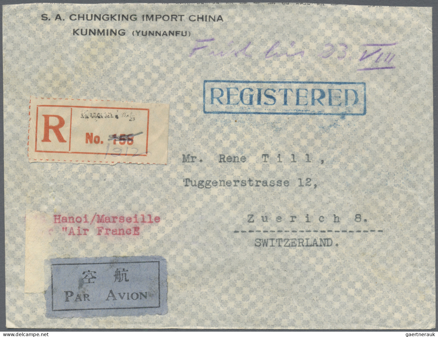 China: 1938/39, Two Air Mail Covers To Zurich/Switzerland: $1.75 Frank Tied "HAN - Brieven En Documenten