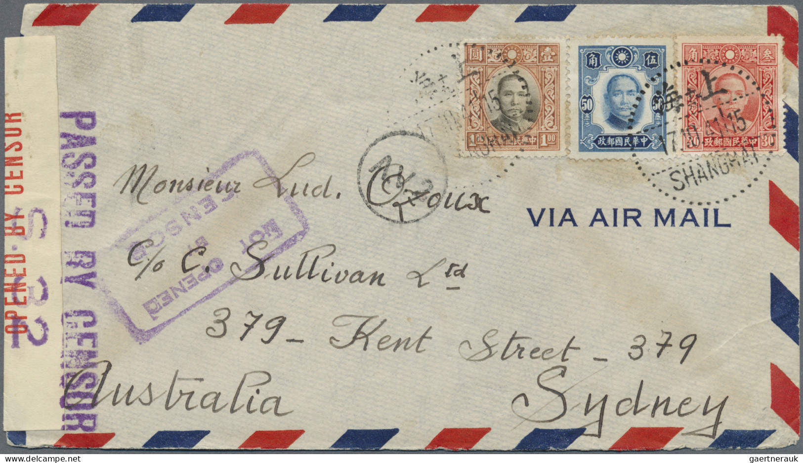 China: 1941. Air Mail Envelope Addressed To Australia Bearing SG 494a, 30c Scarl - Covers & Documents