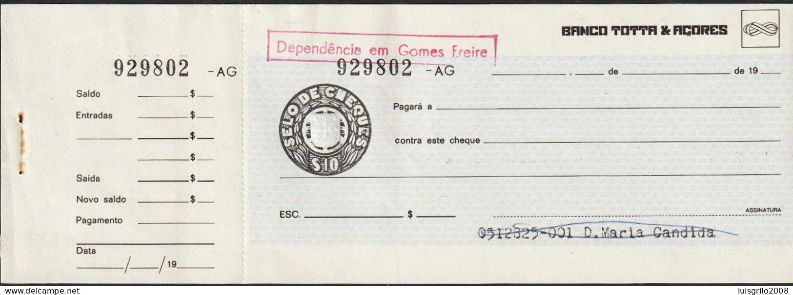 Portugal, Cheque - Banco Totta & Açores. Dependência Gomes Freire, Lisboa -|- Selo Do Cheques $10 - Unused Stamps