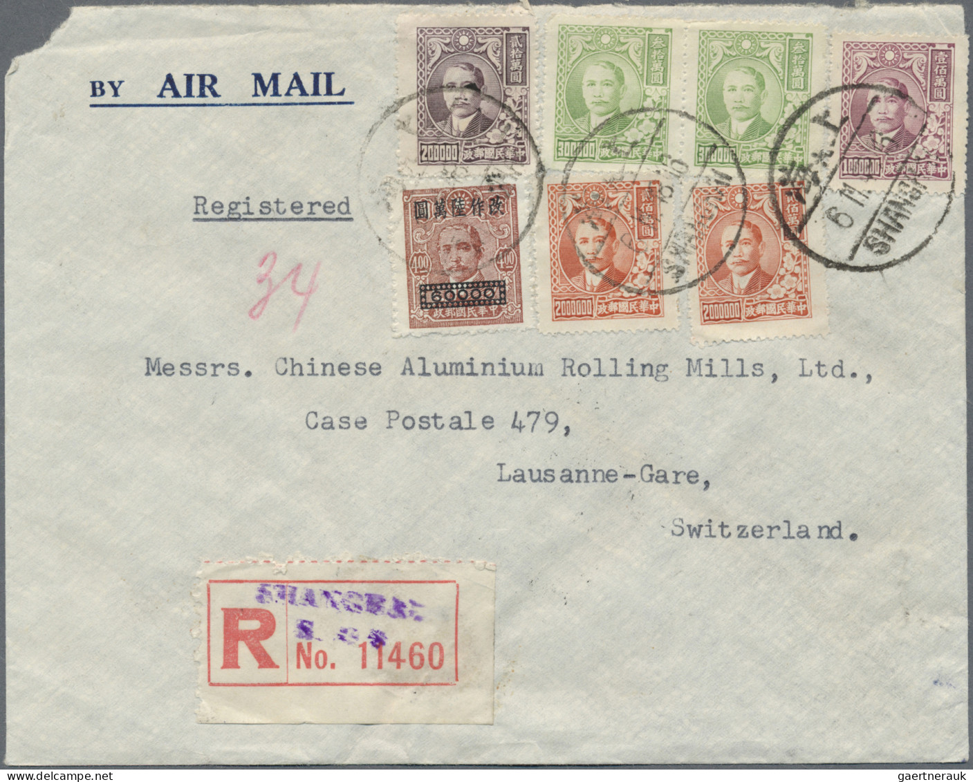 China: 1948. Registered Air Mail Envelope (small Corner Fault) Addressed To Swit - Brieven En Documenten