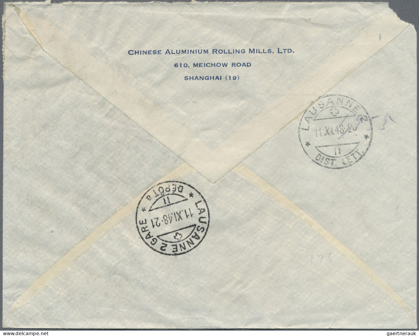 China: 1948. Registered Air Mail Envelope (small Corner Fault) Addressed To Swit - Brieven En Documenten