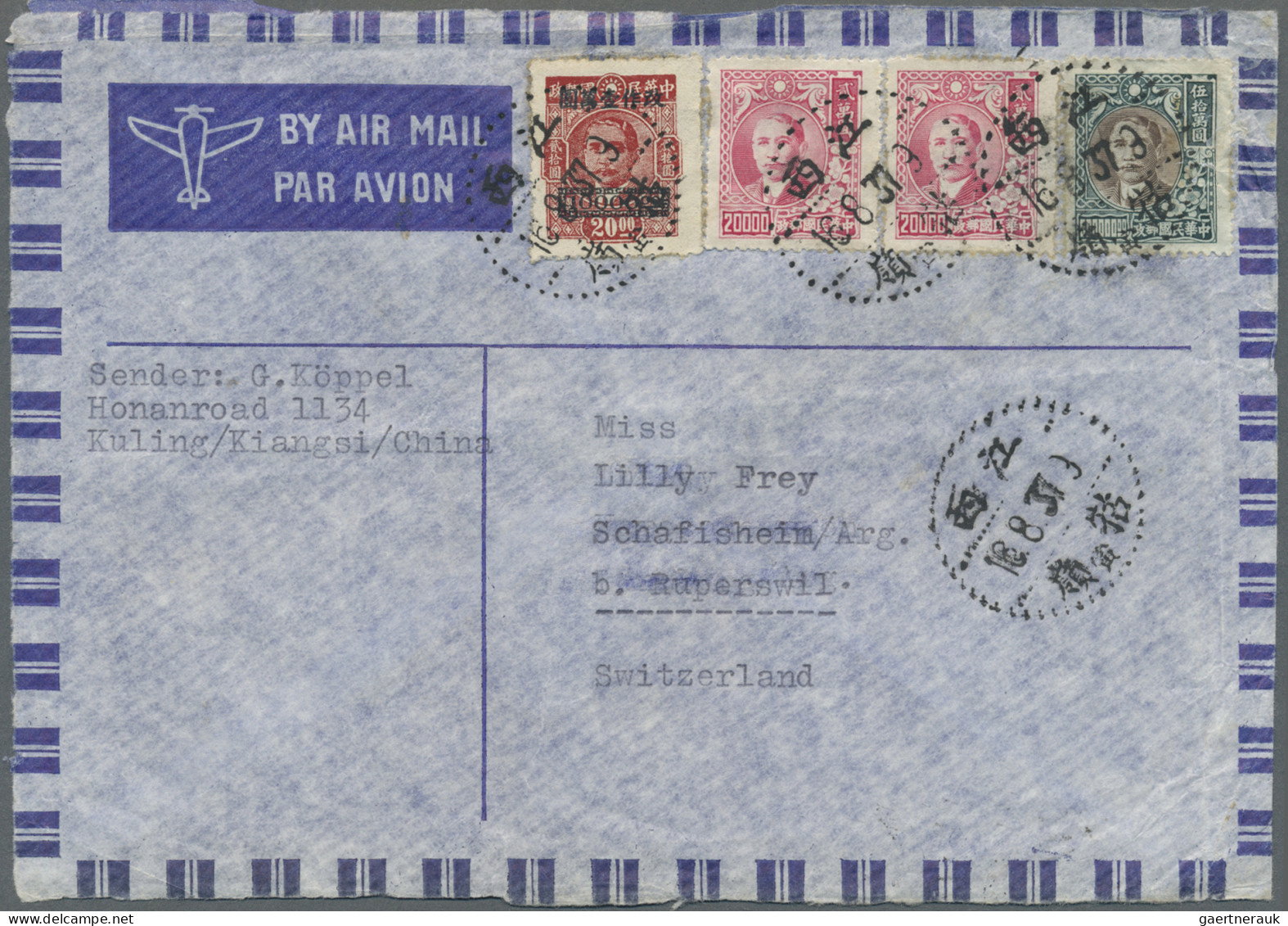 China: 1948 (16 Aug) Envelope Sent To Switzerland Bearing Junk 10c., Bearing Dr - Briefe U. Dokumente