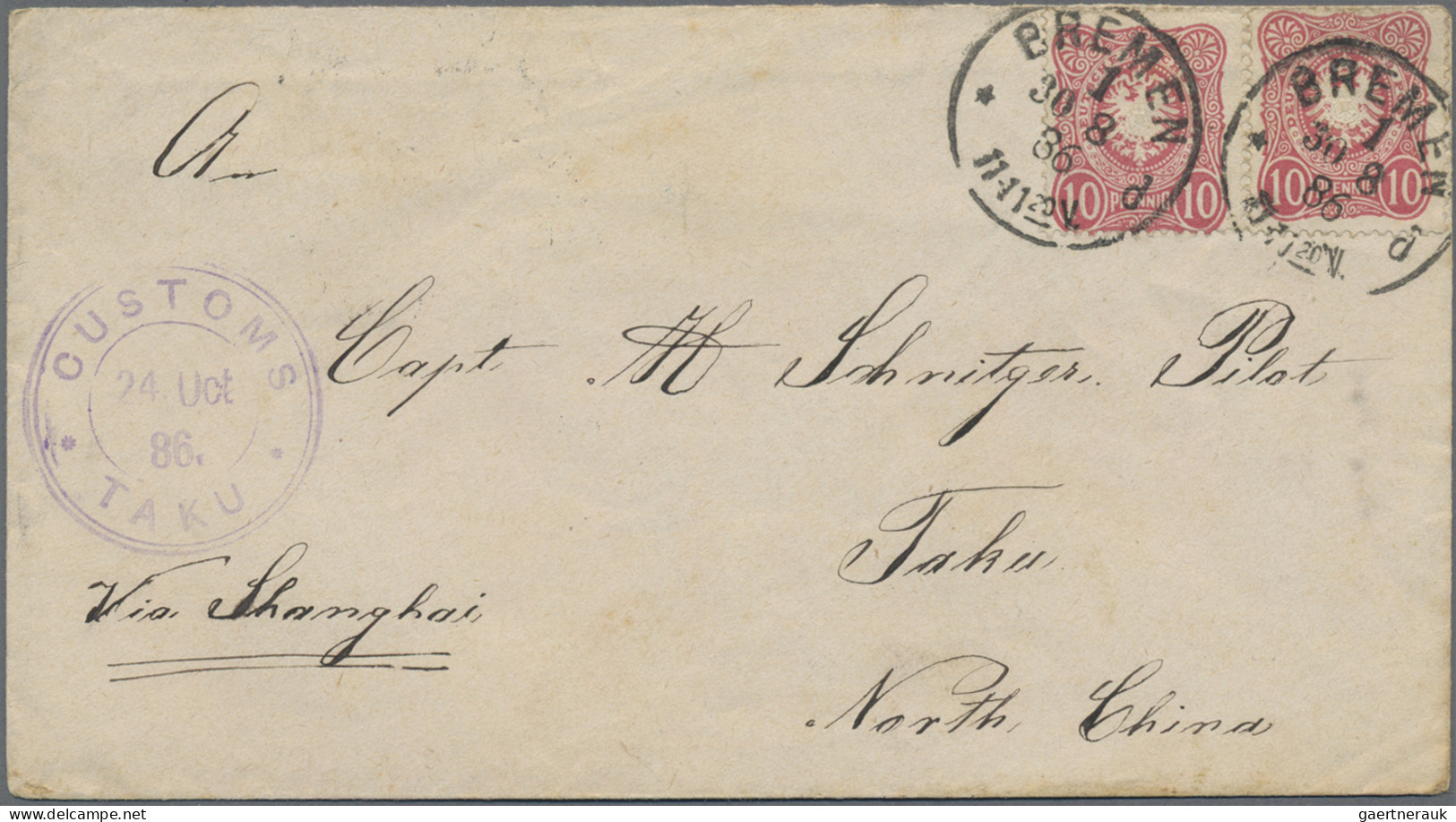 China - Incomming Mail: 1886 (Aug 8) Cover From Germany To Taku Franked By 'Pfen - Otros & Sin Clasificación