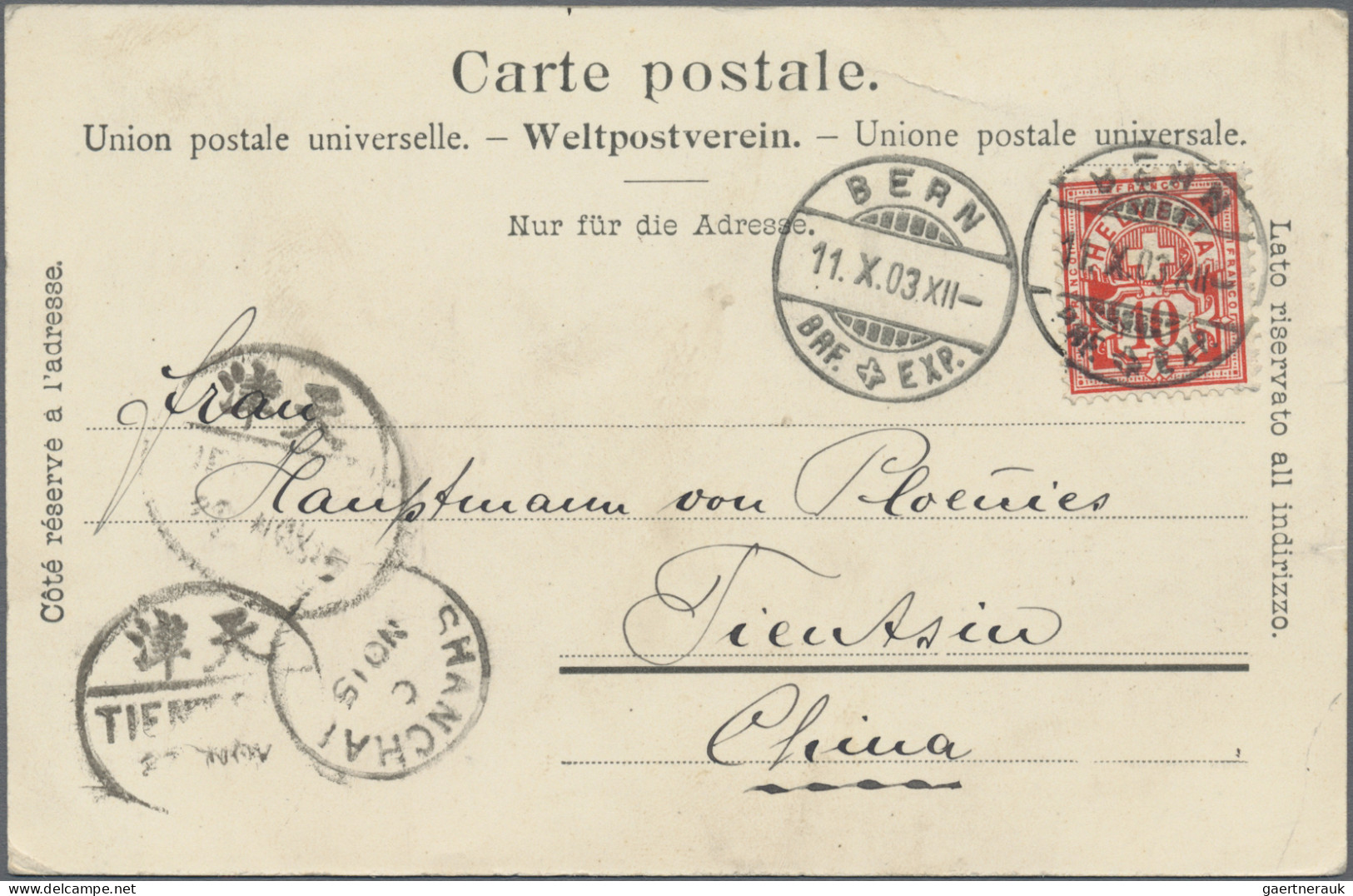 China - Incomming Mail: 1903, Switzerland, 10 C. Tied "BERN 11.X.03" To Ppc (Mt. - Andere & Zonder Classificatie