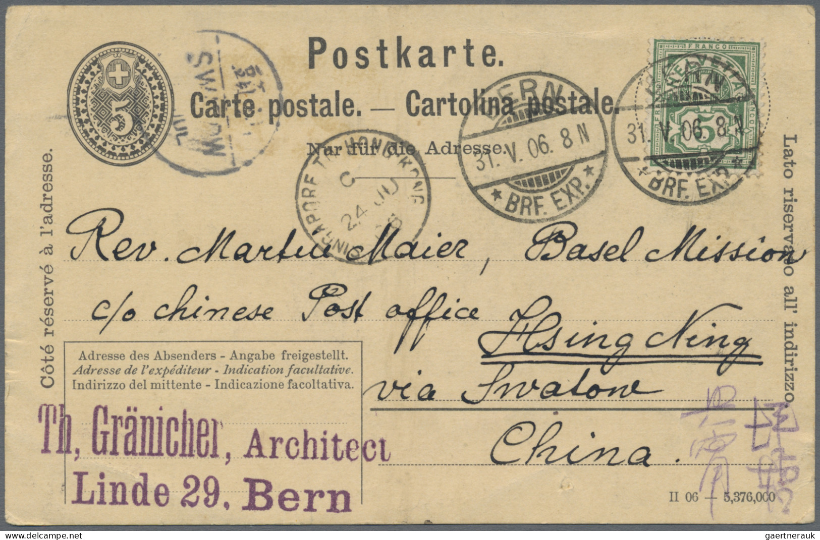 China - Incomming Mail: 1906, Swiss Postal Stationery 5 C. With 5 C. Tied To "BE - Otros & Sin Clasificación