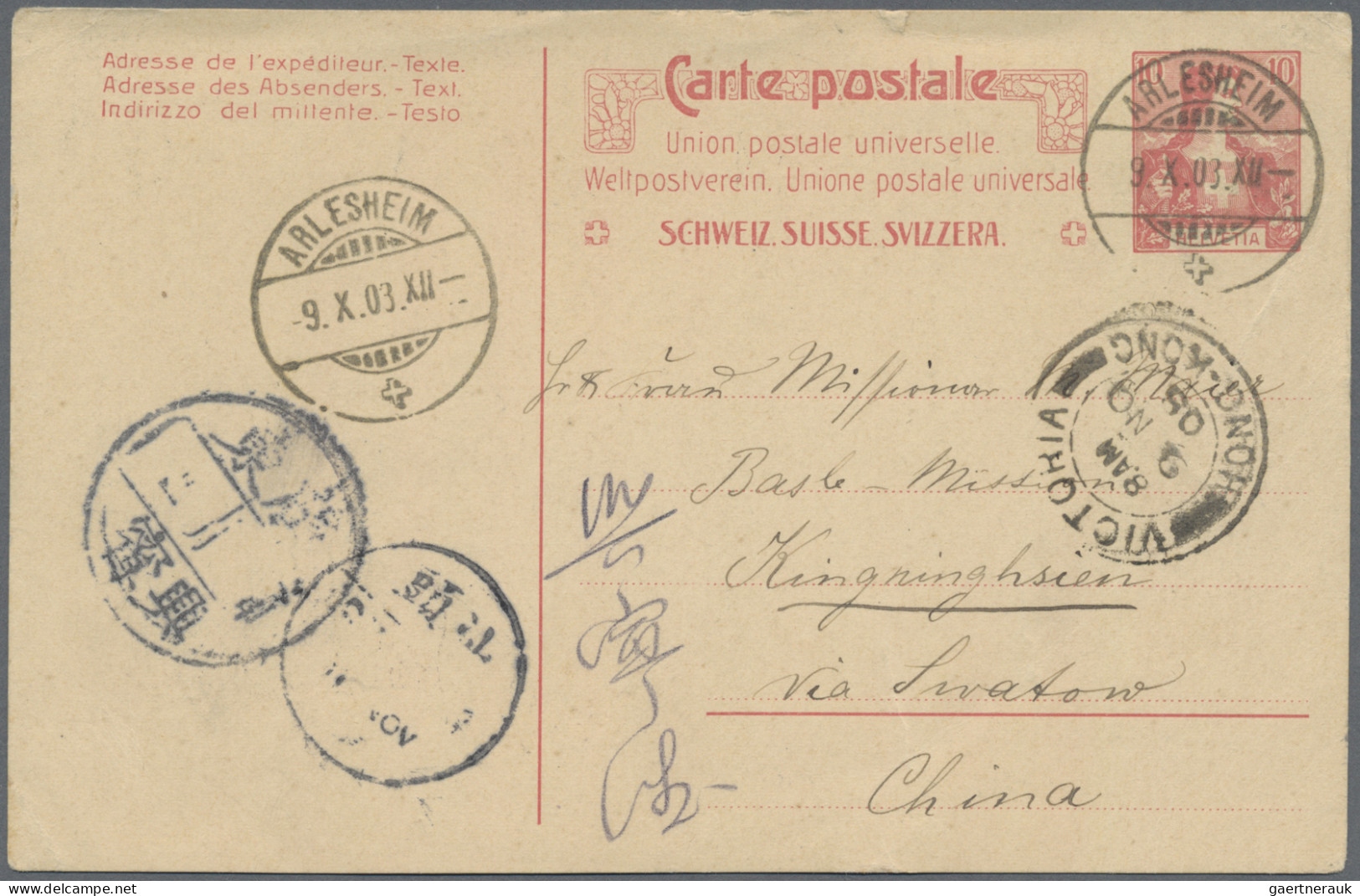 China - Incomming Mail: 1908, Swiss Postal Stationery 10 C. Tied To Clear "ARLES - Altri & Non Classificati