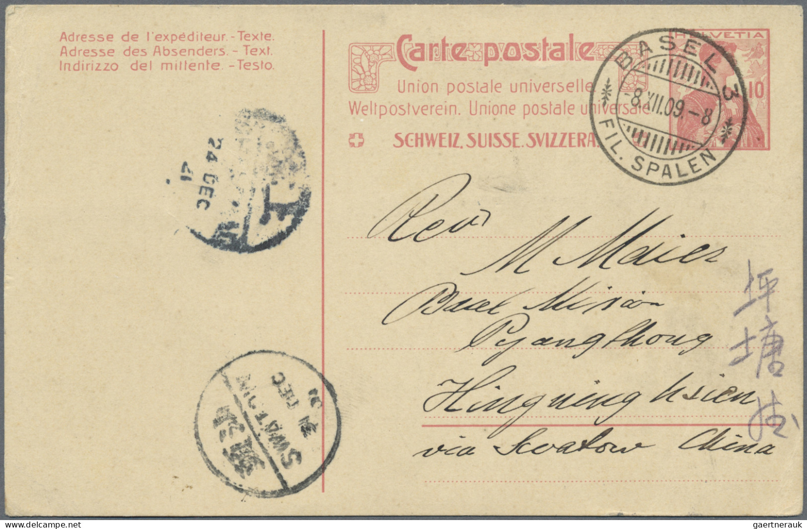 China - Incomming Mail: Switzerland To Kwantung Province Via Suez, 1909: Card Fr - Otros & Sin Clasificación
