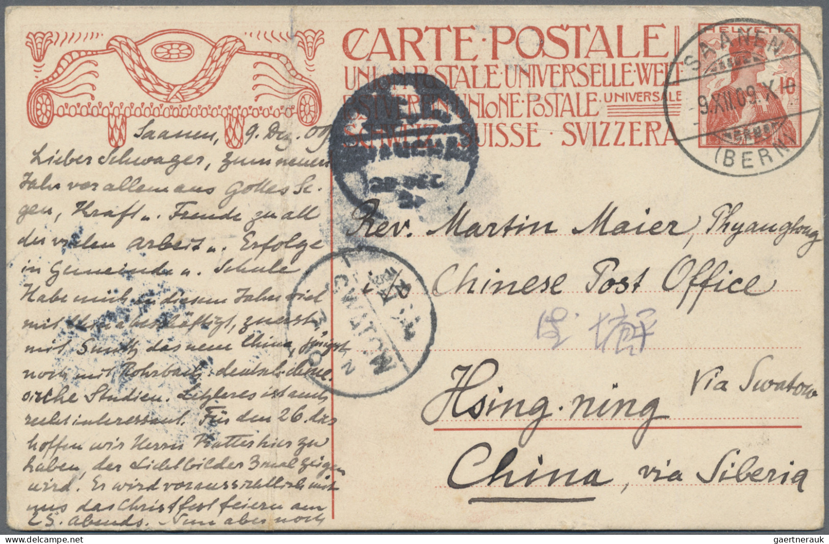 China - Incomming Mail: 1909, Swiss Postal Stationery 10 C. Canc. "SAANEN" Postm - Autres & Non Classés