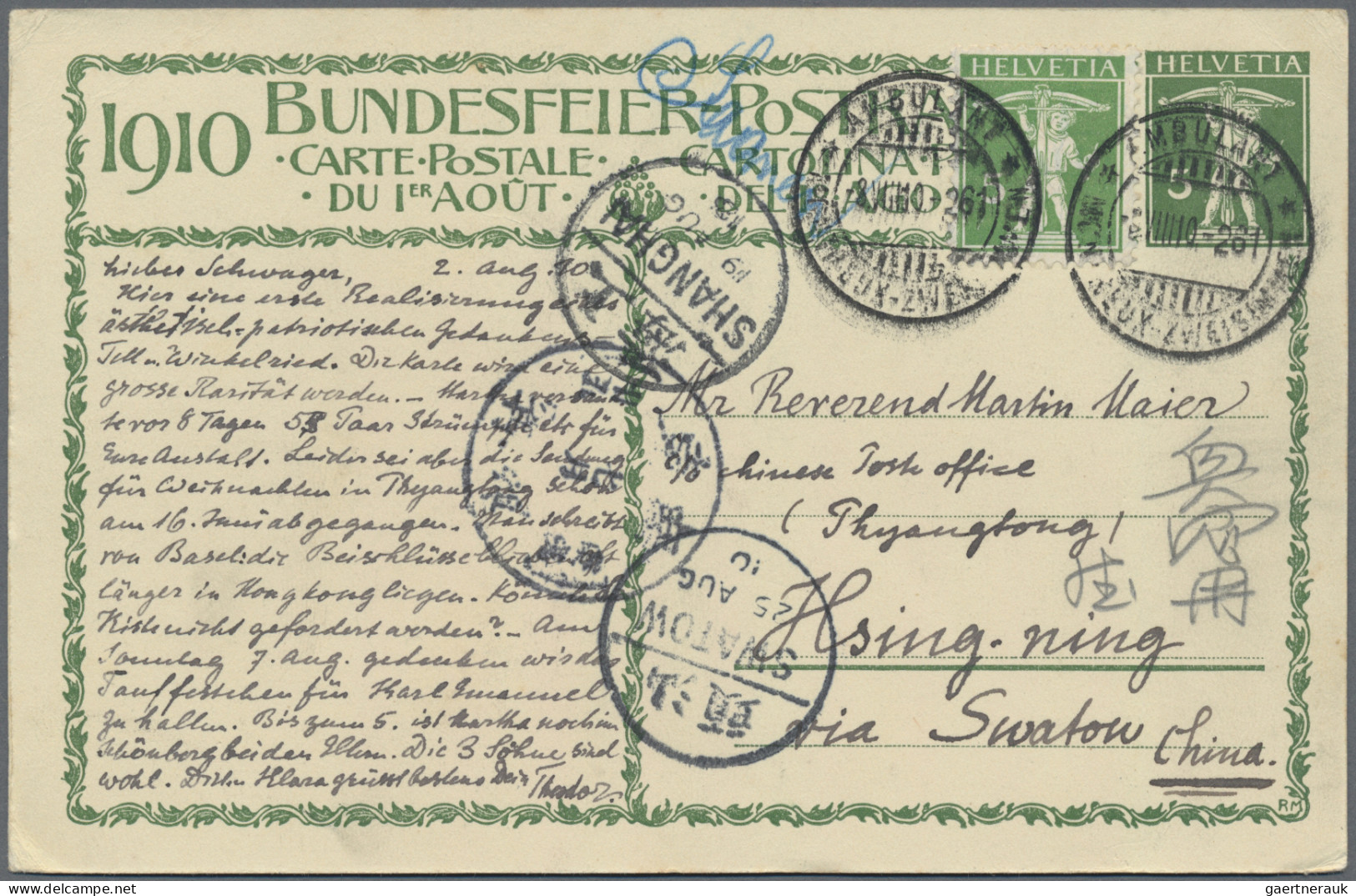 China - Incomming Mail: 1910, Swiss Postal Stationery 5 C. With 5 C. Tied To "MO - Altri & Non Classificati