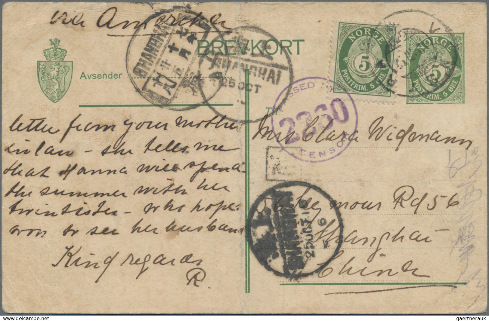 China - Incomming Mail: 1918, Norwegian 5 øre Green Postal Stationary Card With - Sonstige & Ohne Zuordnung