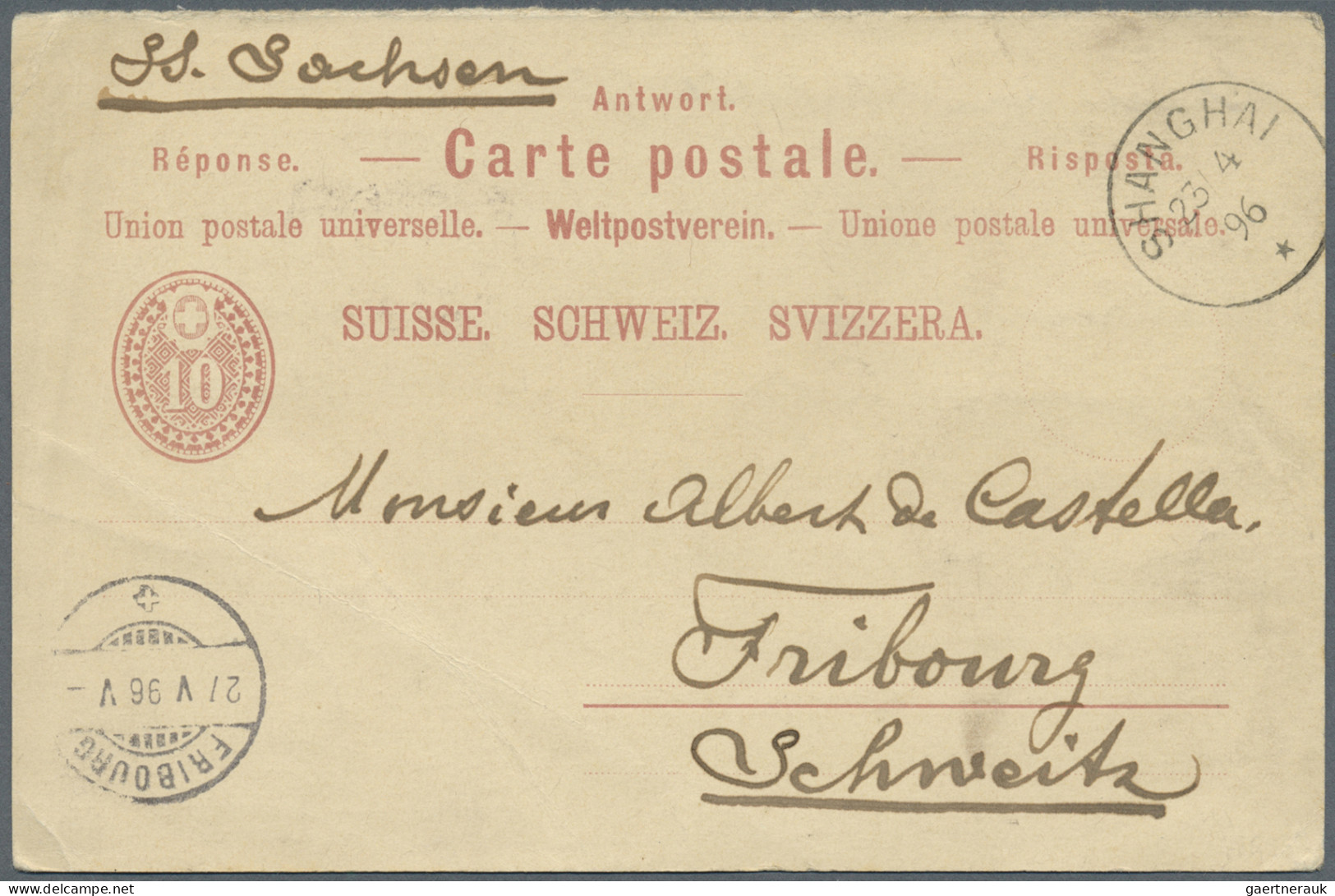 China - Specialities: 1896. Switzerland Postal Stationery Reply Card 10c Claret - Altri & Non Classificati