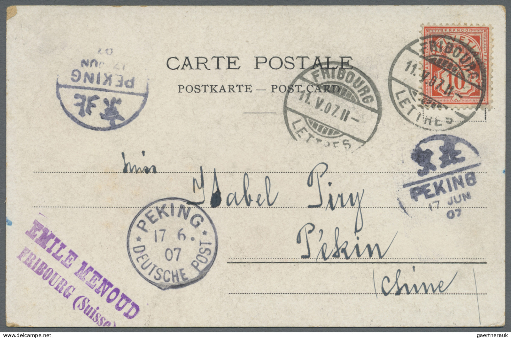 China - Specialities: Incoming Mail, 1907, Switzerland, 10 Rp. Tied FRIBOURG 11. - Andere & Zonder Classificatie