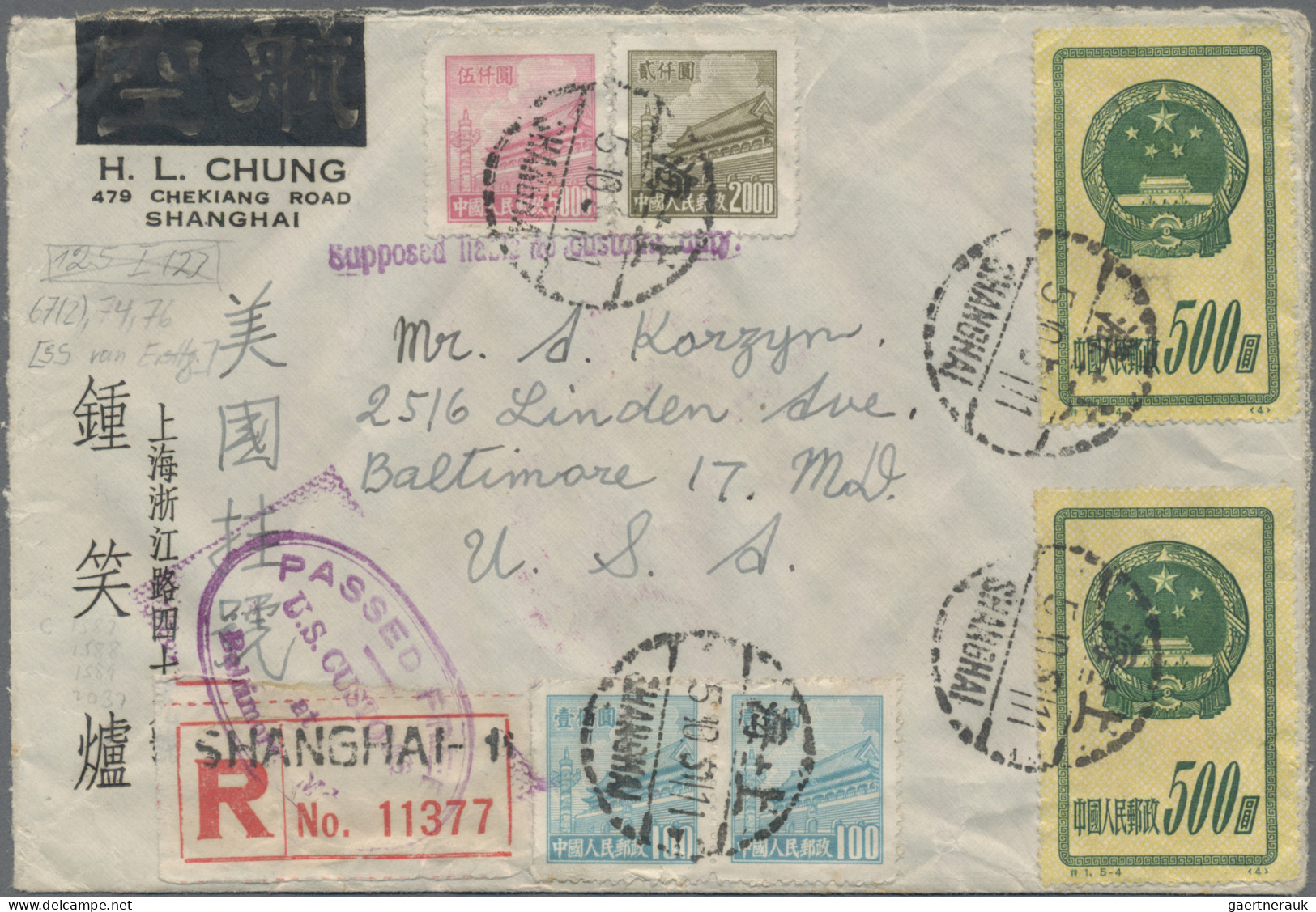 China (PRC): 1950/51, Registered Cover Addressed To Baltimore, The United States - Lettres & Documents