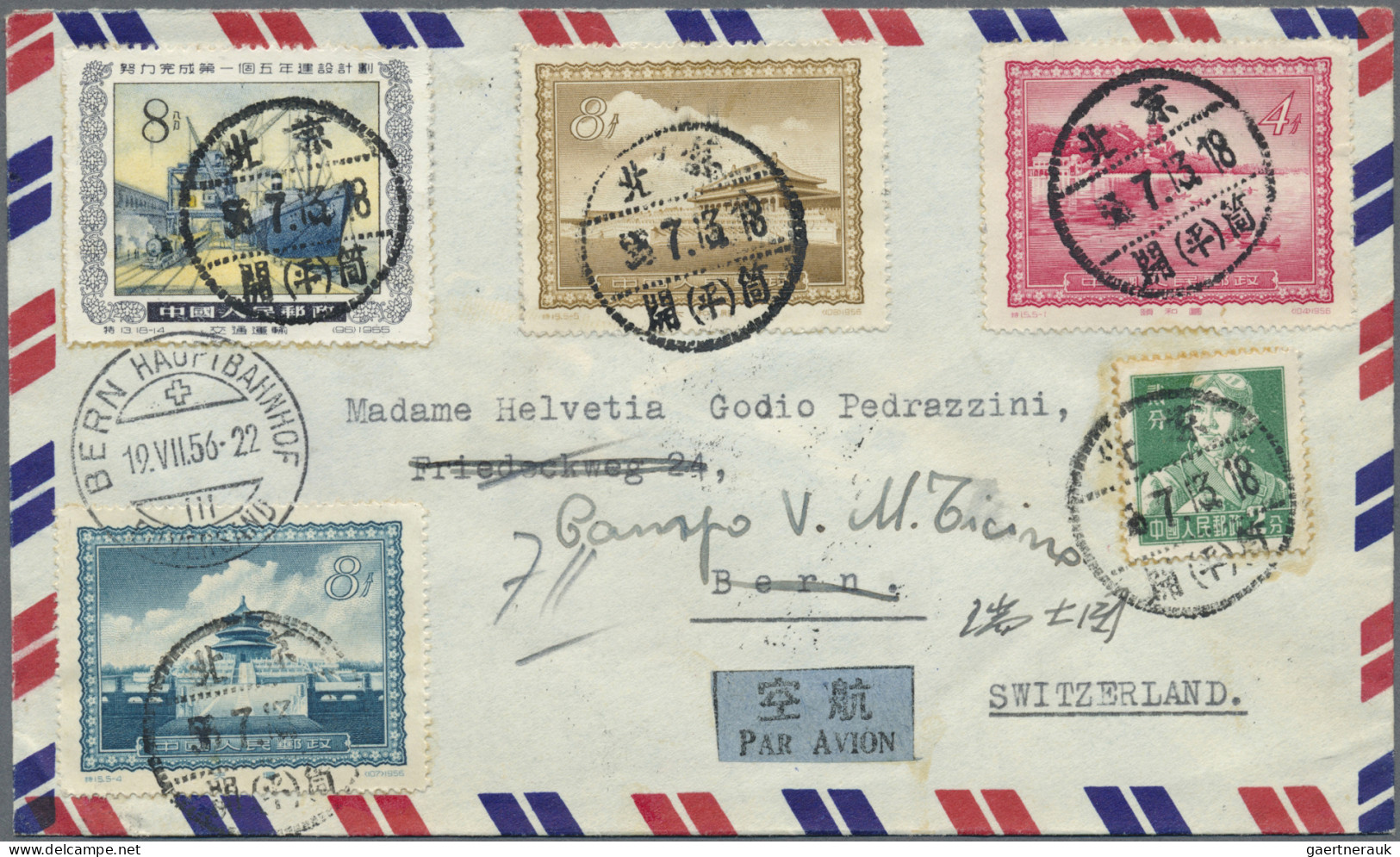 China (PRC): 1956, Air Mail Covers (2) To Berne/Switzerland (one Forwarded) With - Cartas & Documentos
