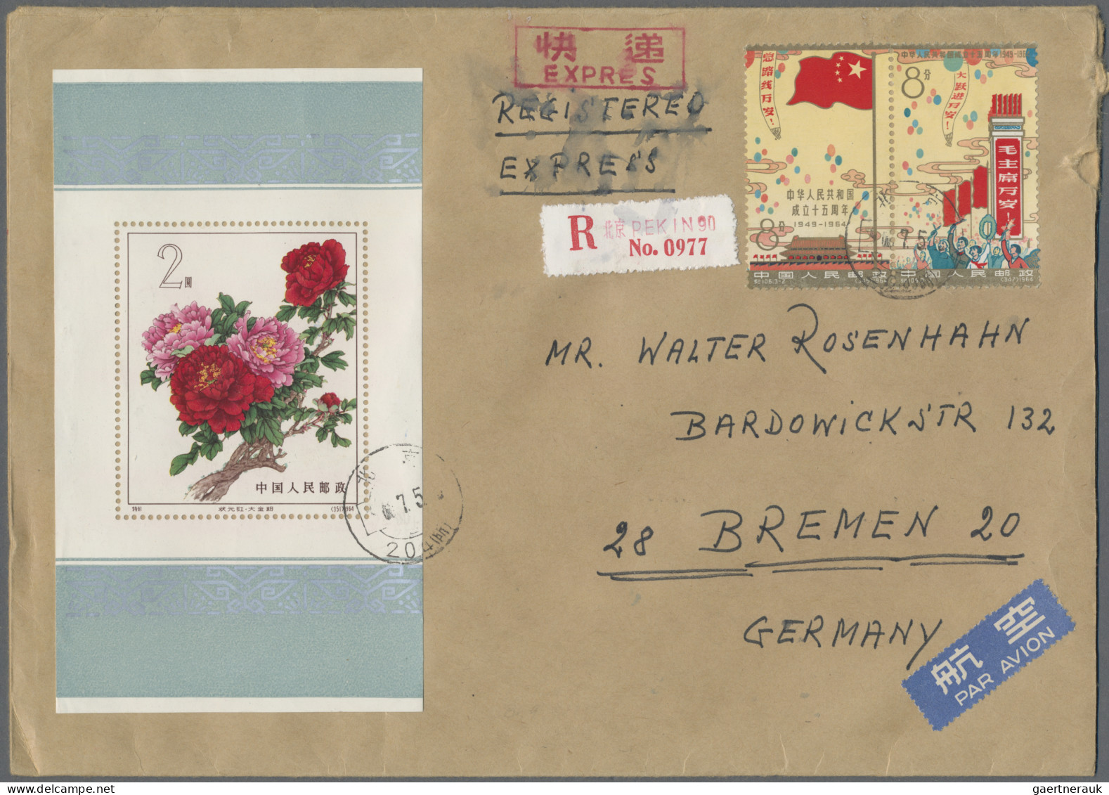 China (PRC): 1964, Peonies S/s (S61), With Uprate Tied "Peking 204 Agency 1966.7 - Brieven En Documenten