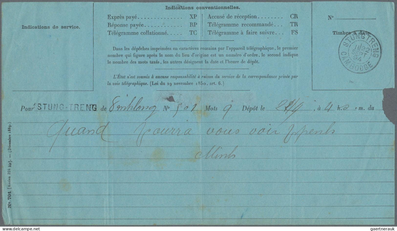 French Indochine: 1894 Telegram Form (blue) Dated '22nd Sep. 1894' Addressed To - Cartas & Documentos