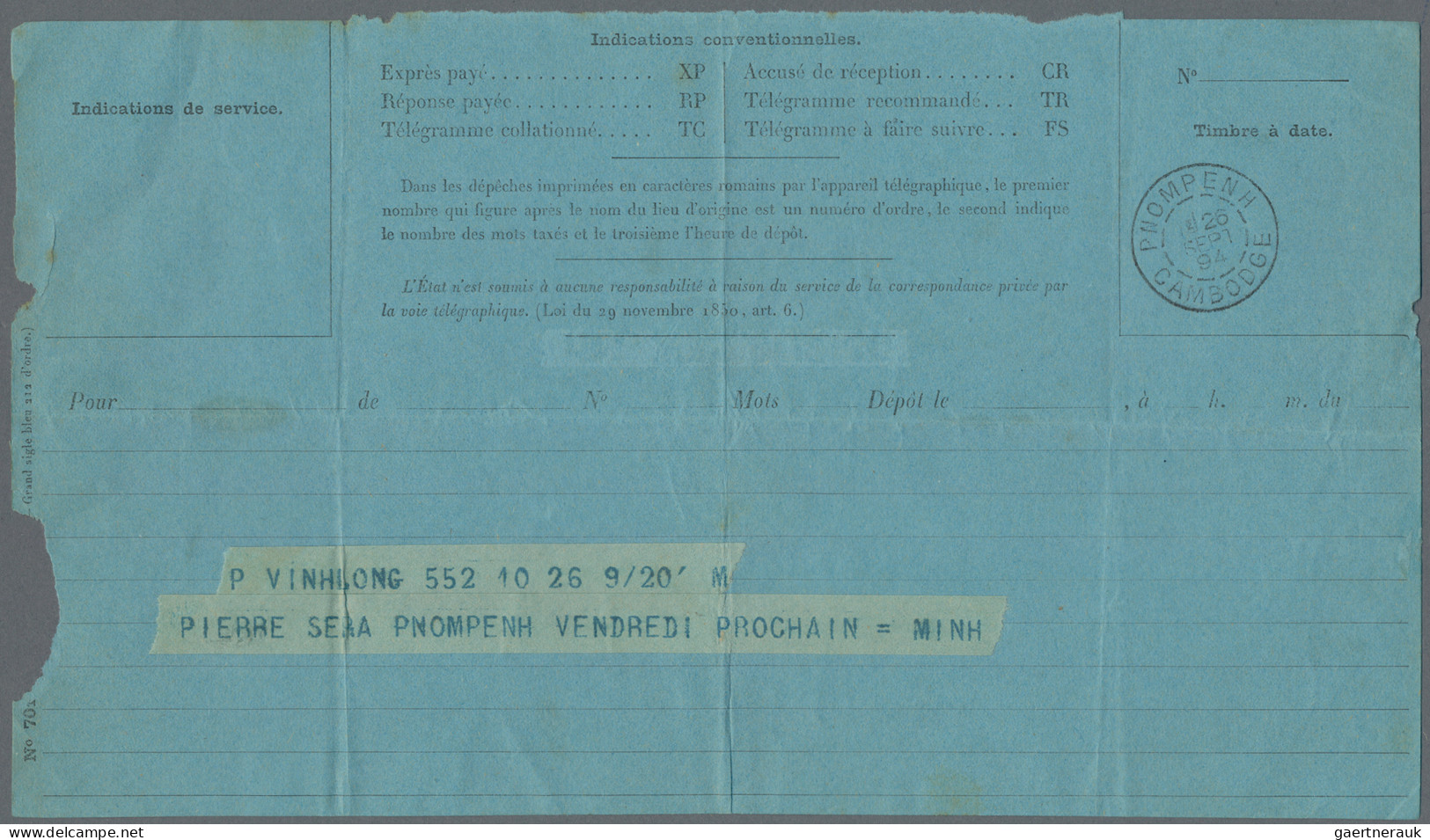 French Indochine: 1894 Telegram Form (blue) Addressed To Vinhlong, Cancelled By - Covers & Documents