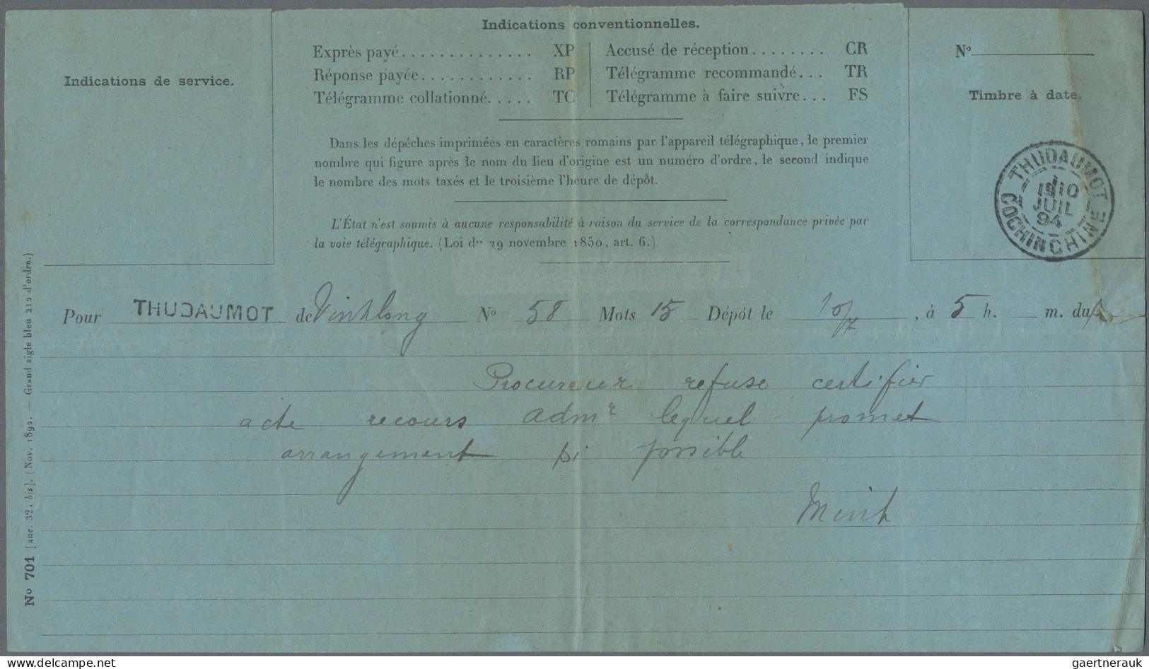 French Indochine: 1894/1914: Blue Telegram Original Form Dated 10 Juil 1894 Addr - Brieven En Documenten