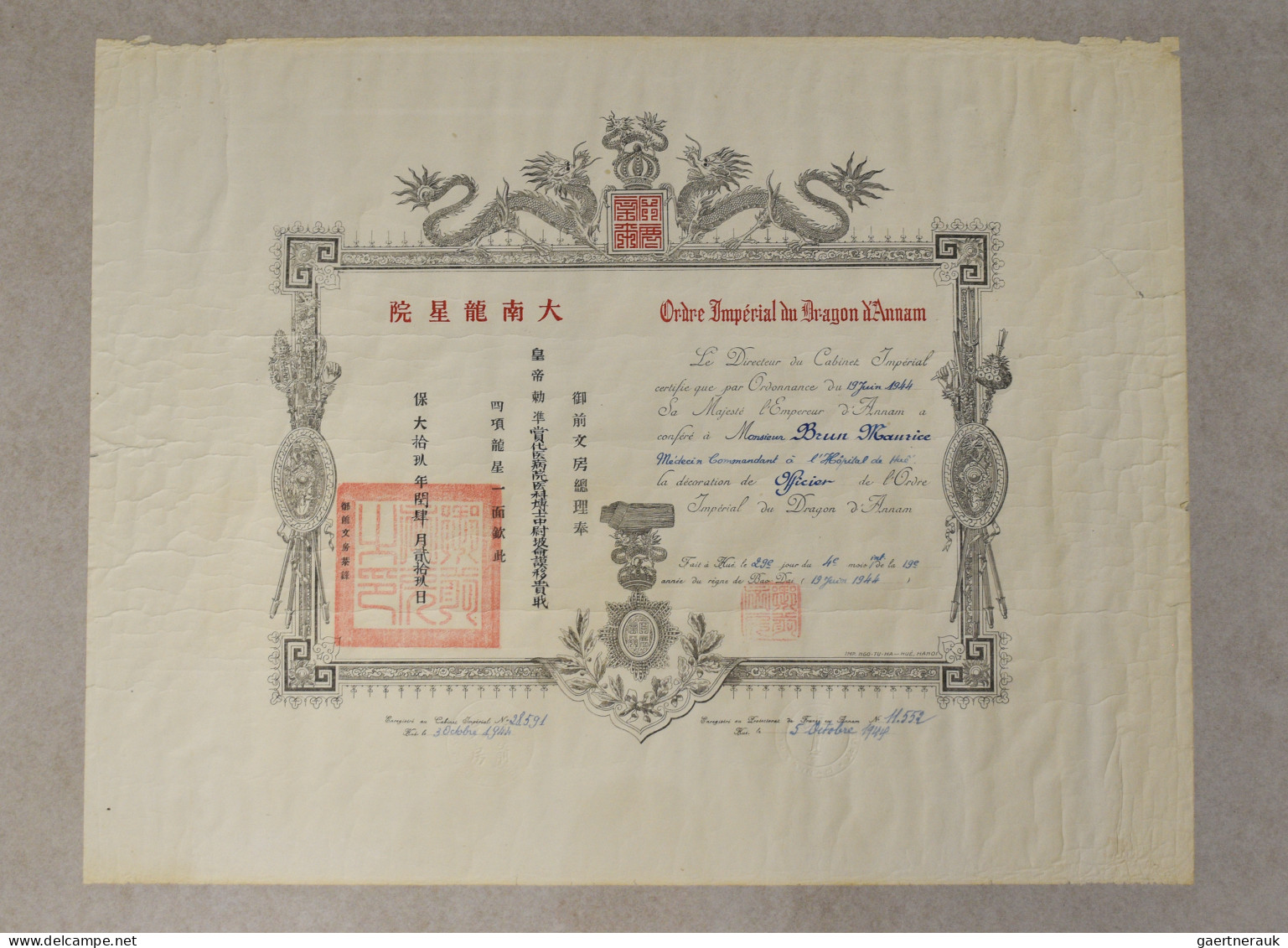French Indochine: 1944, Ordre Impérial Du Dragon D'Annam, Award Certificate For - Briefe U. Dokumente