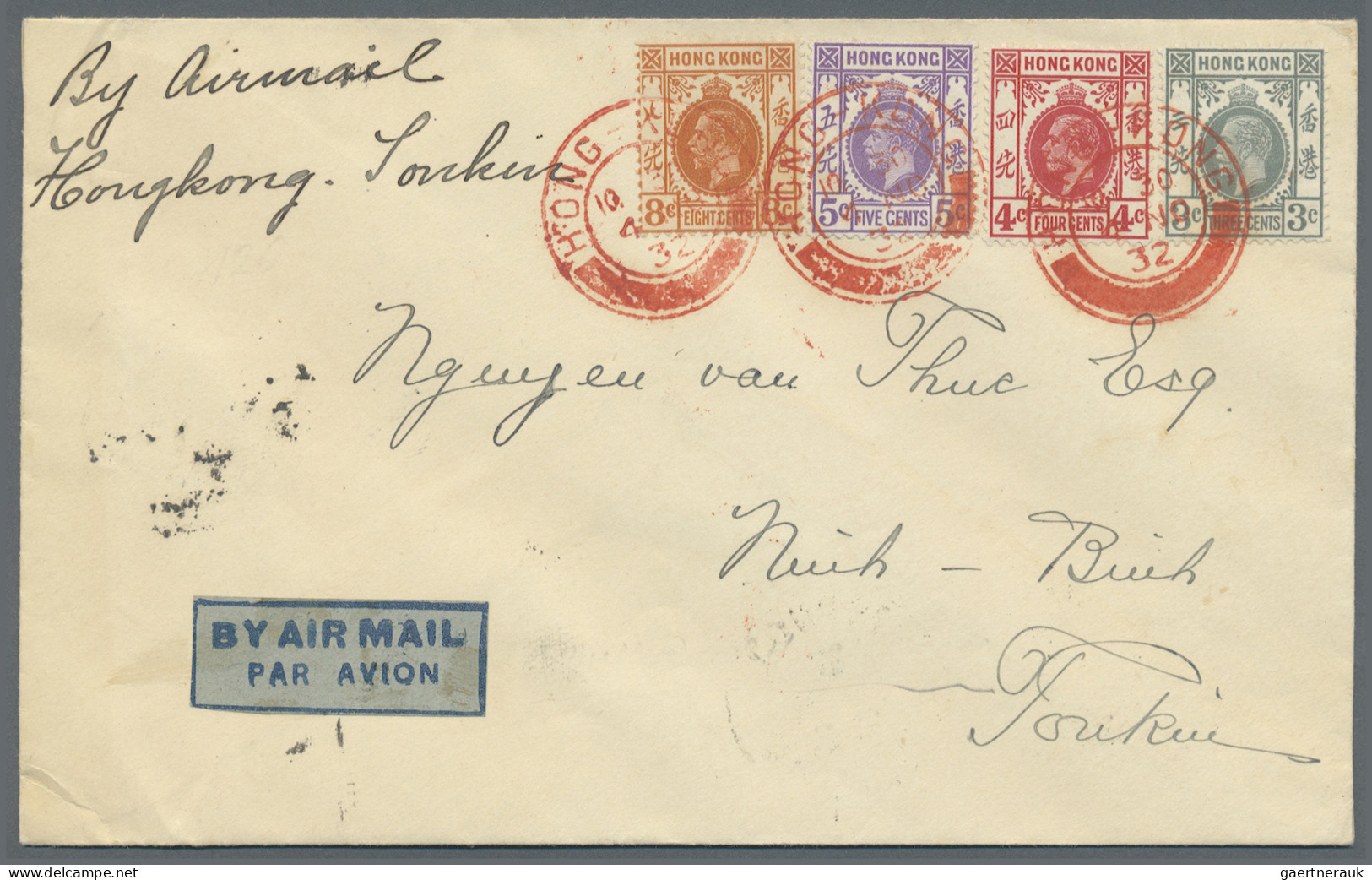 Hong Kong: 1932. Air Mail Envelope Addressed To Ninh- Binh/Tonkin Bearing Hong K - Autres & Non Classés