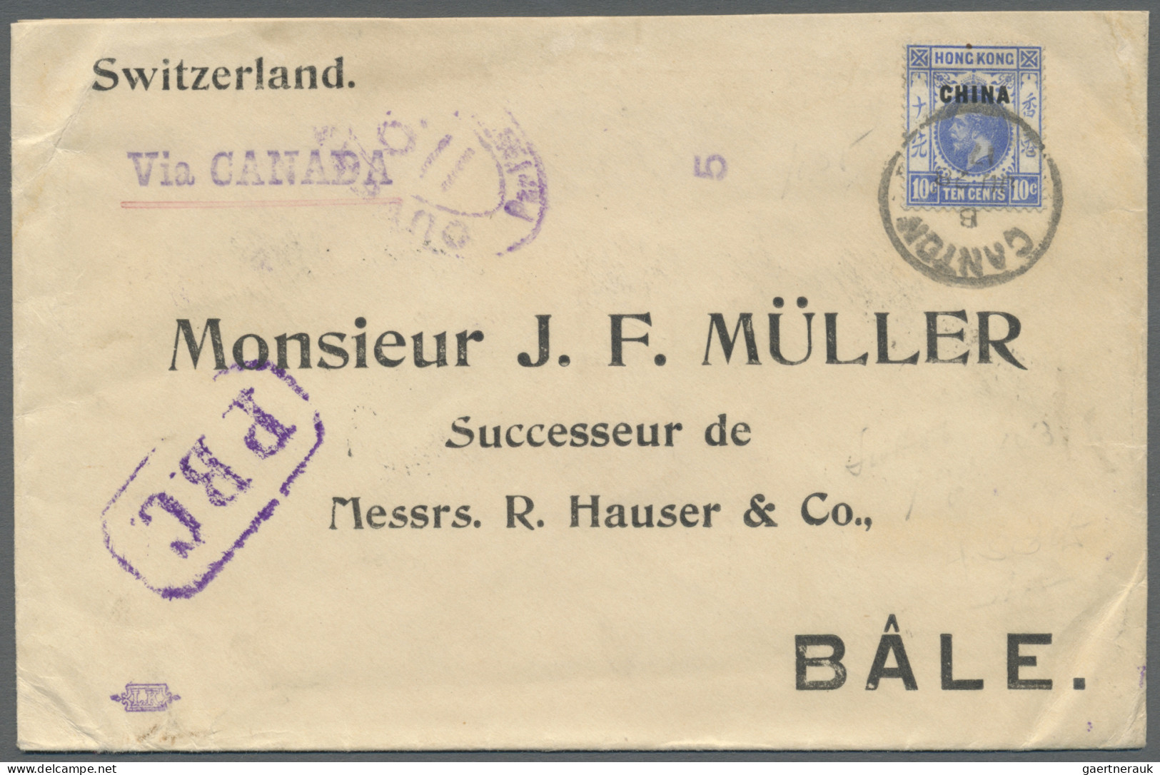 Hong Kong: 1917. Censored Envelope Addressed To Switzerland Bearing British Post - Cartas & Documentos