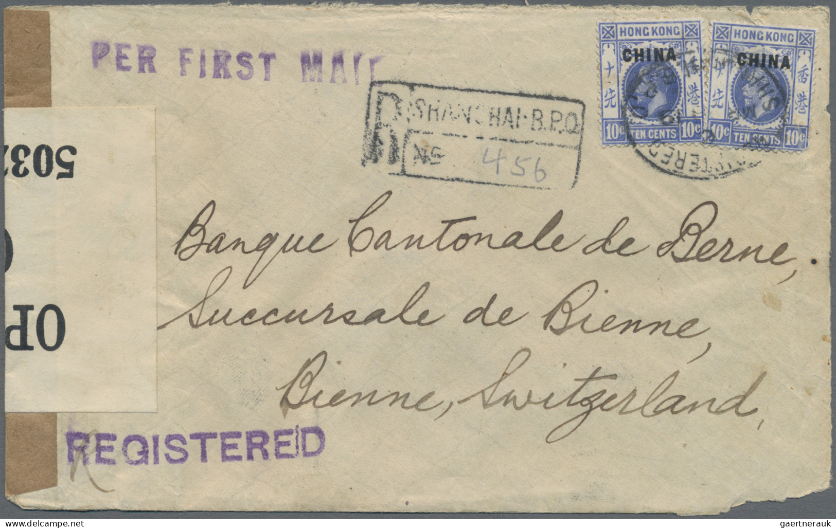 Hong Kong: 1919. Registered Envelope (corner-/opening Faults) To Switzerland Bea - Covers & Documents