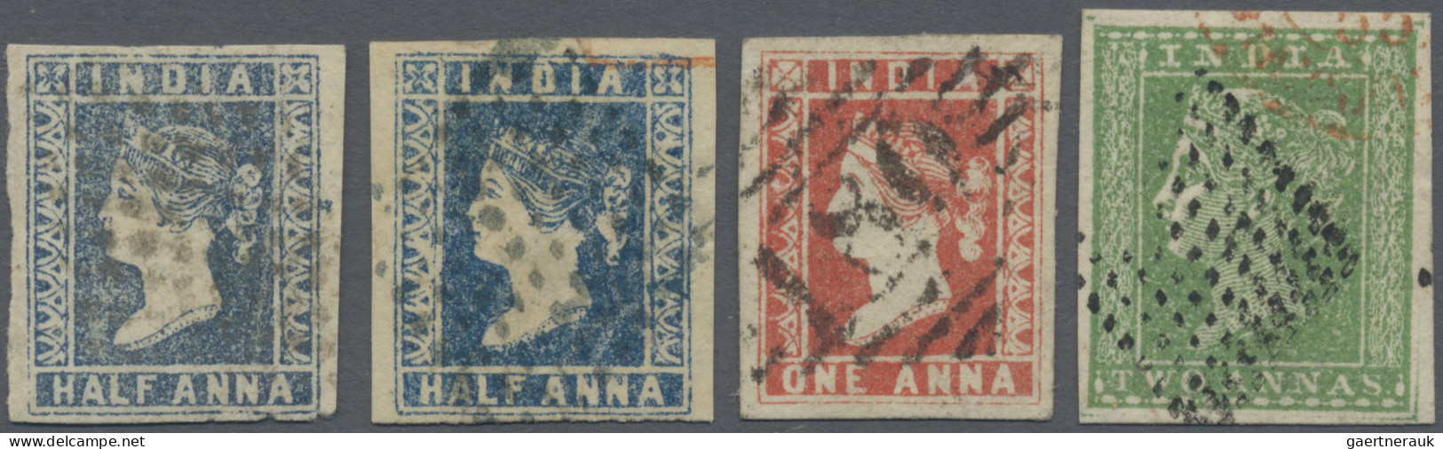 India: 1854 Lithographed ½a. Blue (two Singles) And 1a. Red Plus 2a. Green, All - 1854 East India Company Administration