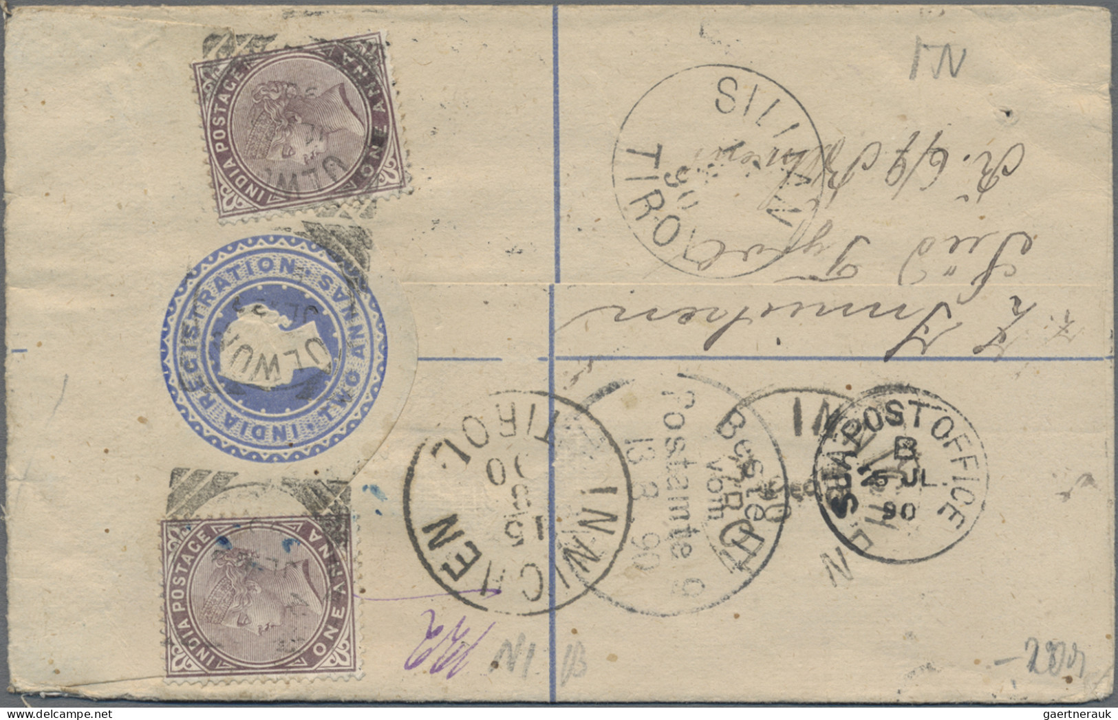 India - Postal Stationery: 1890 Postal Stationery Registered Envelope 2a. Blue U - Sin Clasificación