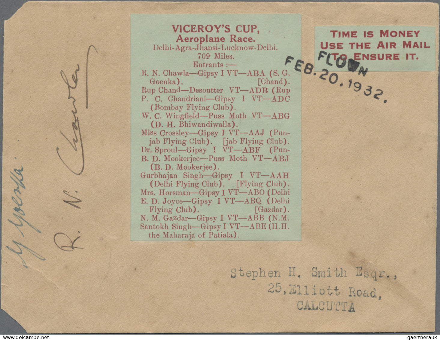 India - Rocket Mail: 1932, 20 February, Viceroy's Cup Aeroplane Race From Delhi - Altri & Non Classificati