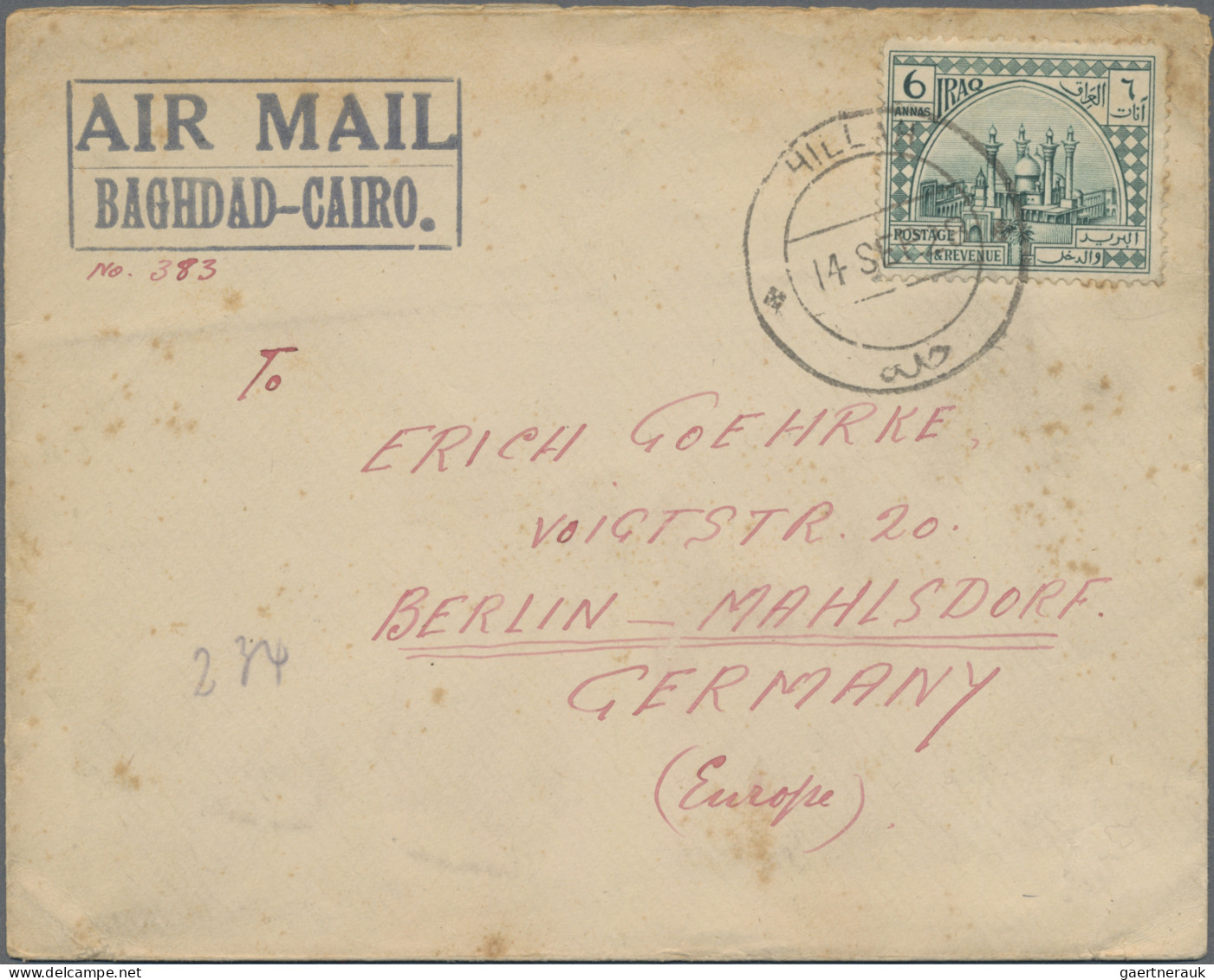 Iraq: 1928, Blue Framed "Air Mail / Bagdhad-Cairo." On Cover With 6 A. Green Tie - Irak