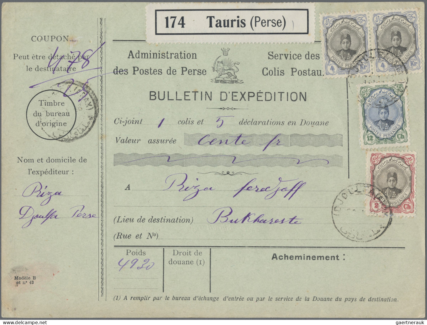 Iran: 1916 Complete Parcel Card For A Packet From Djoulfa To Bucarest Franked By - Irán