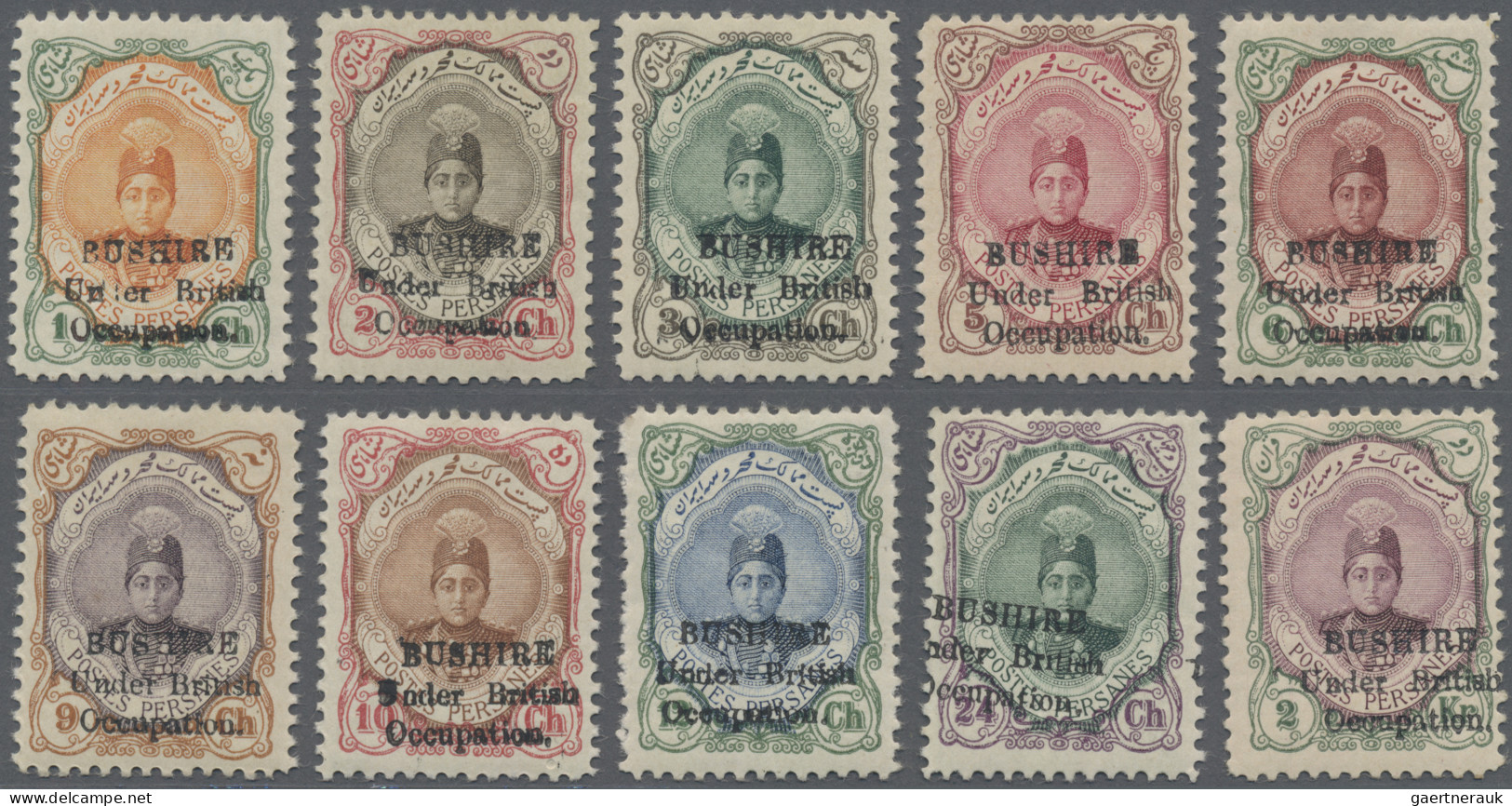 Iran - Brit. Occupation Bushire: 1915 Part Set Of 10 Values (from 1ch. To 24ch. - Iran