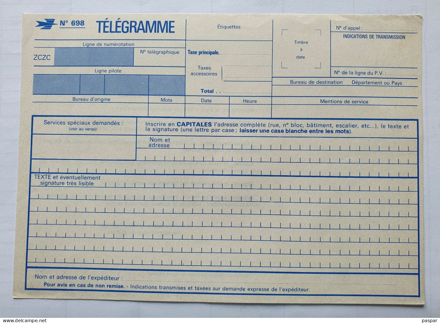 France  Imprimé Vierge De Télégramme N° 698 - Documents De La Poste