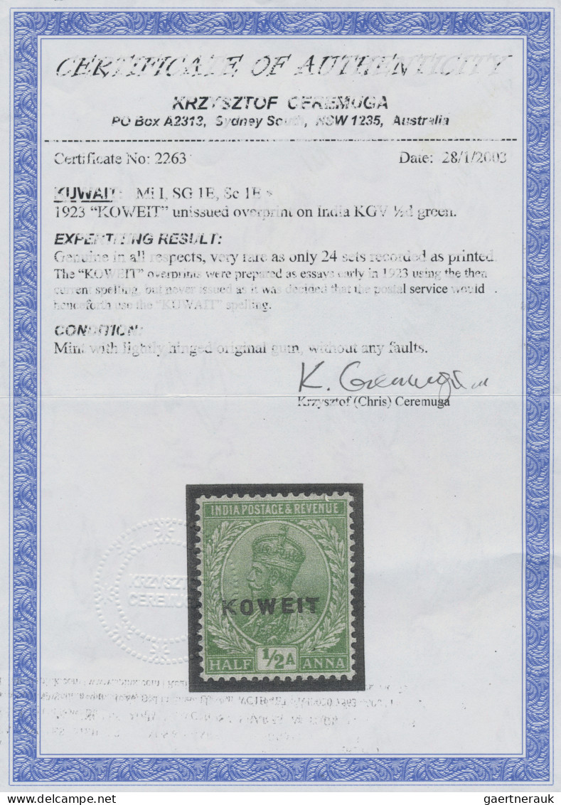 Kuwait: 1923 The Unissued "KOWEIT" Ovpt. In Black On India KGV. ½a. Green, Mint - Kuwait