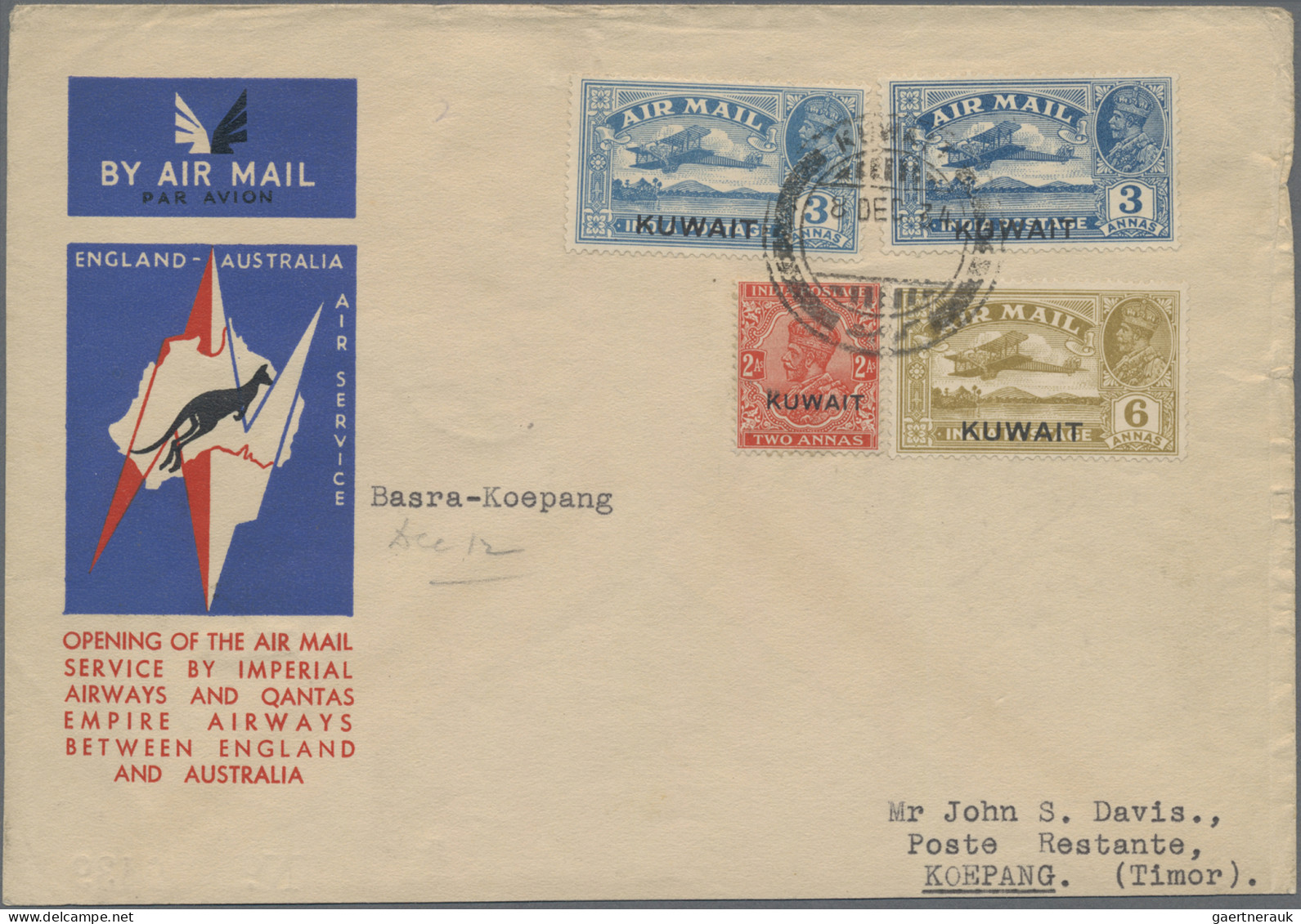 Kuwait: 1934 Imperial Airways & Qantas Airways Special Airmail Cover To Koepang - Kuwait