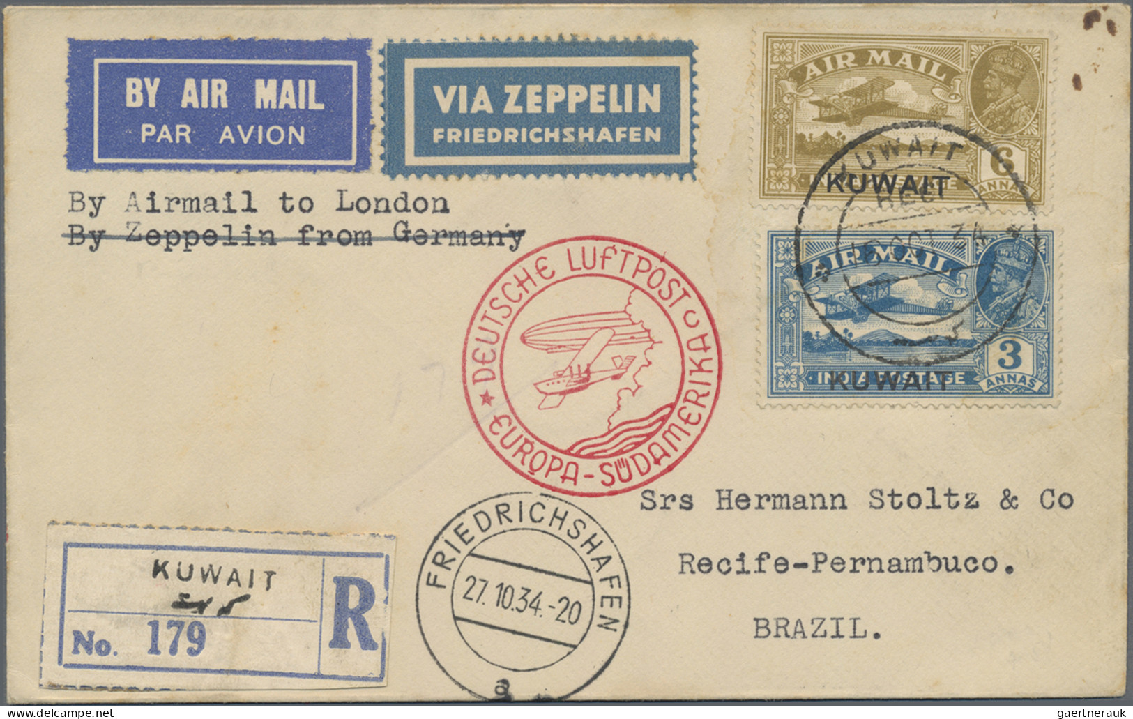 Kuwait: 1934 "Zeppelin LZ 127 - 11. South America Flight": Registered Cover From - Koweït
