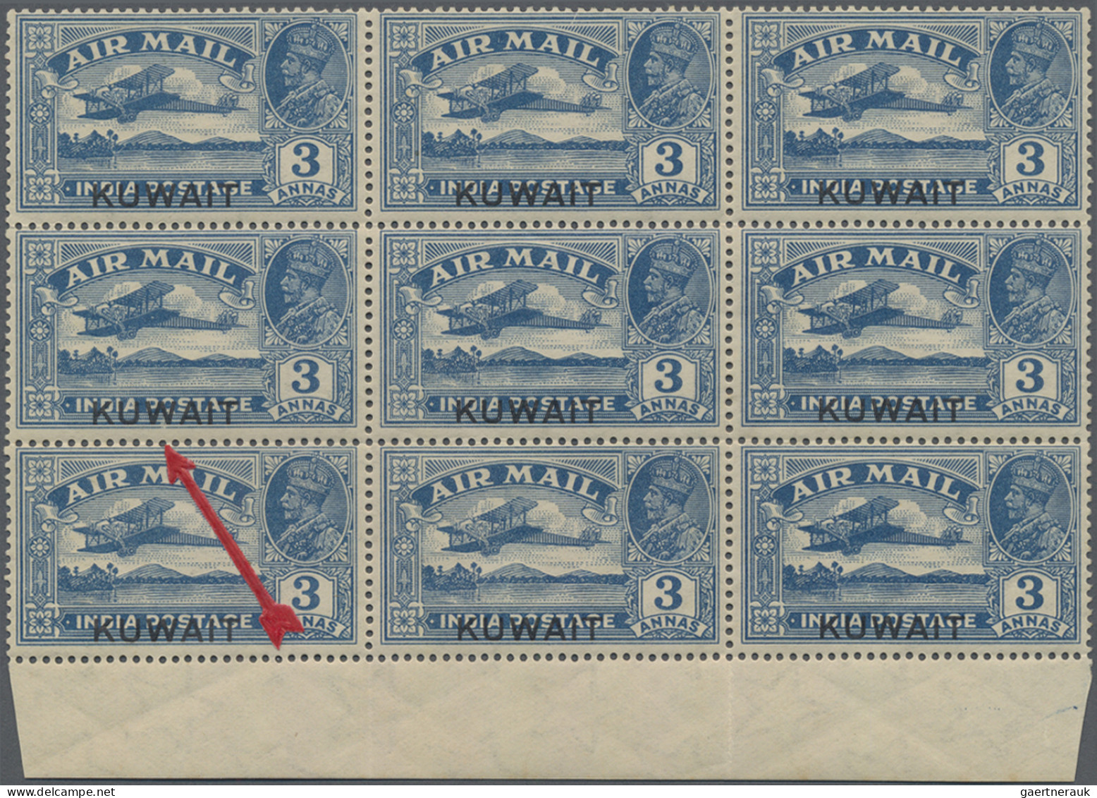 Kuwait: 1933 India Air 3a. Optd. "KUWAIT" Showing Variety "Q For O In POSTAGE" O - Koweït