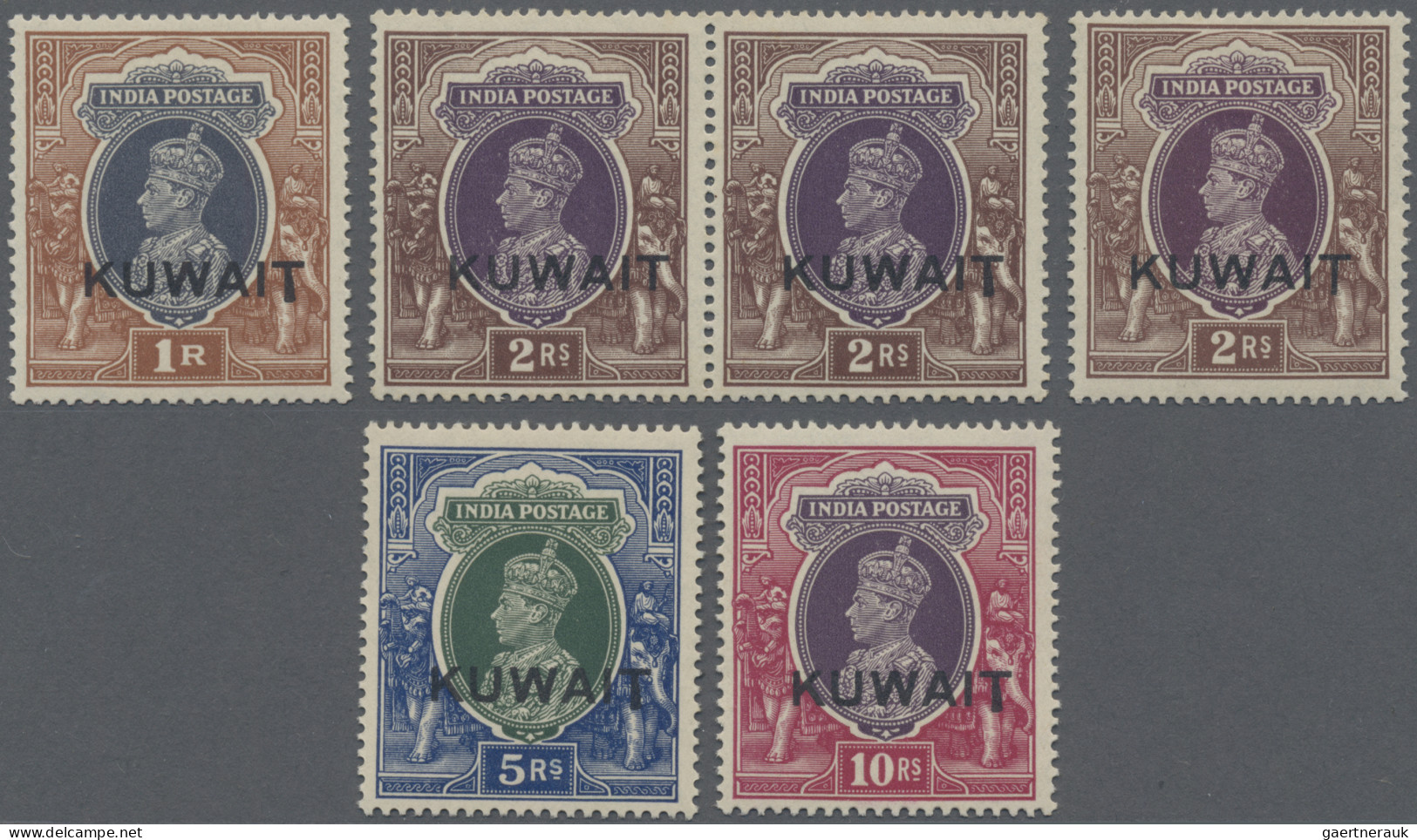 Kuwait: 1939 "KUWAIT" Overprint On KGVI. Rupee Values 1r., 2r., 5r. And 10r. Sho - Koweït